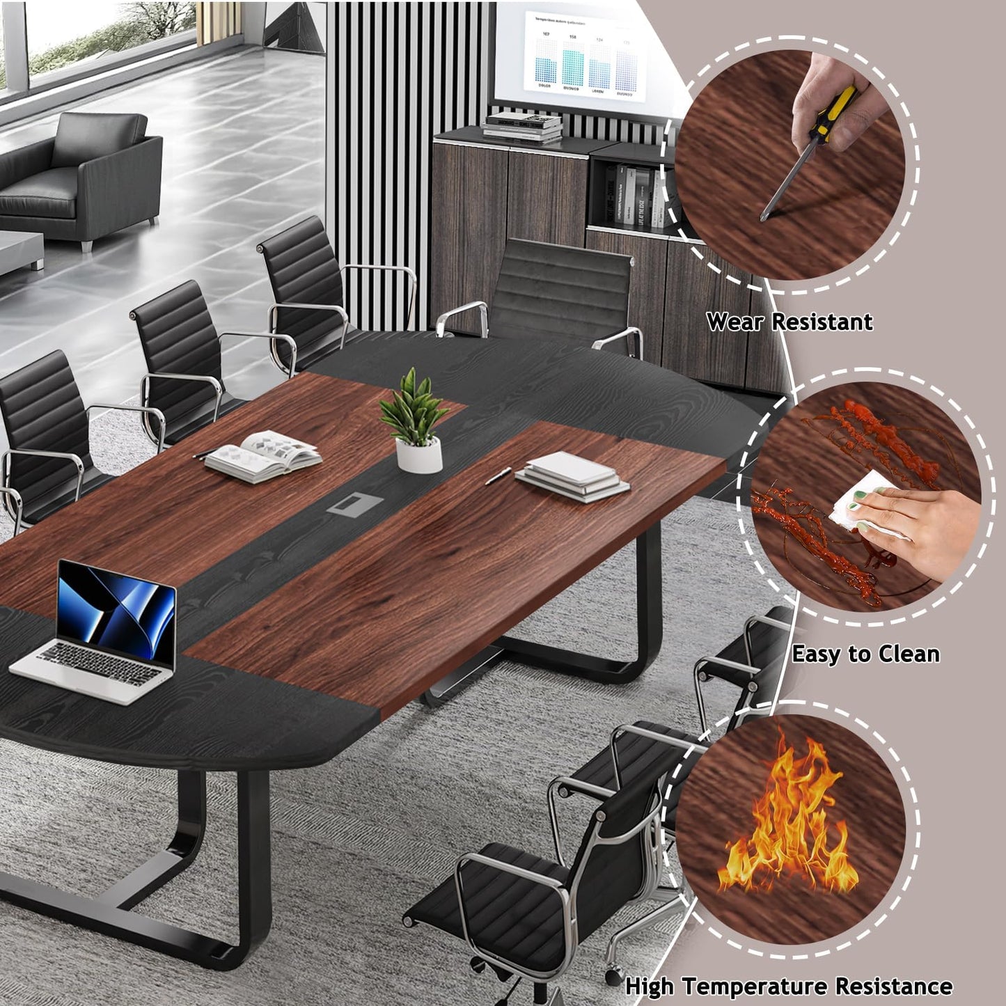 8FT Conference Table, 94.5" D x 47.3" W x 29.5" H Oval Meeting Table with Rectangle Grommet, Modern Seminar Boardroom Table for Office Conference Room (8ft, Walnut & Black)