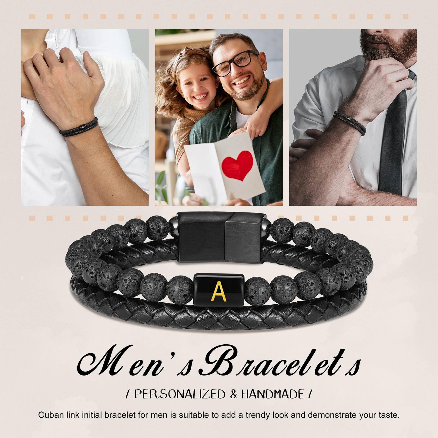 Mens Leather Bracelet with Initial - Men Gift Lava Rock Bead Magnetic Clasp Black Leather Bracelets Mens Gifts Men Bracelets with Initial P Bracelet for Men's Jewelry Men's Gifts for Dad Husband Him