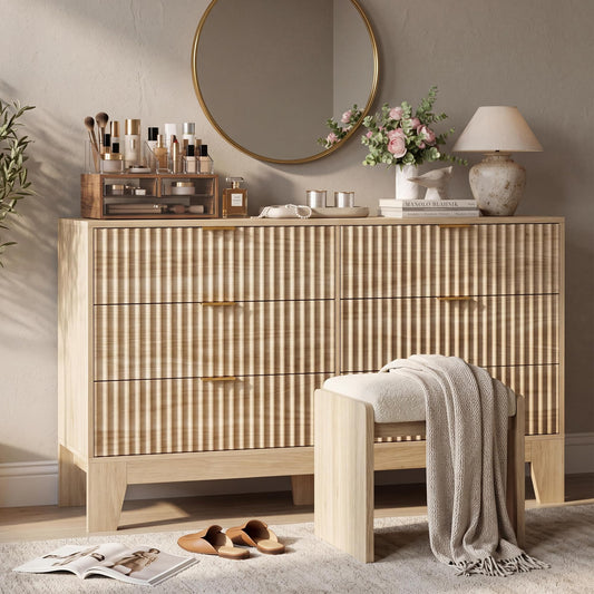 IDEALHOUSE 6 Drawer Dresser for Bedroom, 47" Wide Modern Fluted Dresser with Gold Metal Handles, Chest of Drawers for Bedroom, Living Room, Entryway, Hallway, Oak