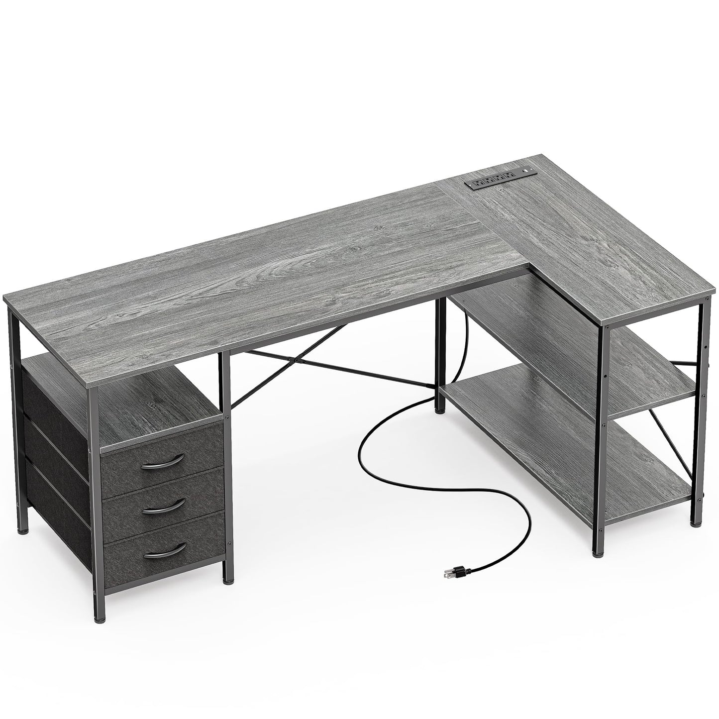 Huuger L Shaped Office Desk with Power Outlets, 55 Inch Computer Desk with 3 Drawers, Shelves, Reverisble for Gaming Corner Work Home Office Study, Grey