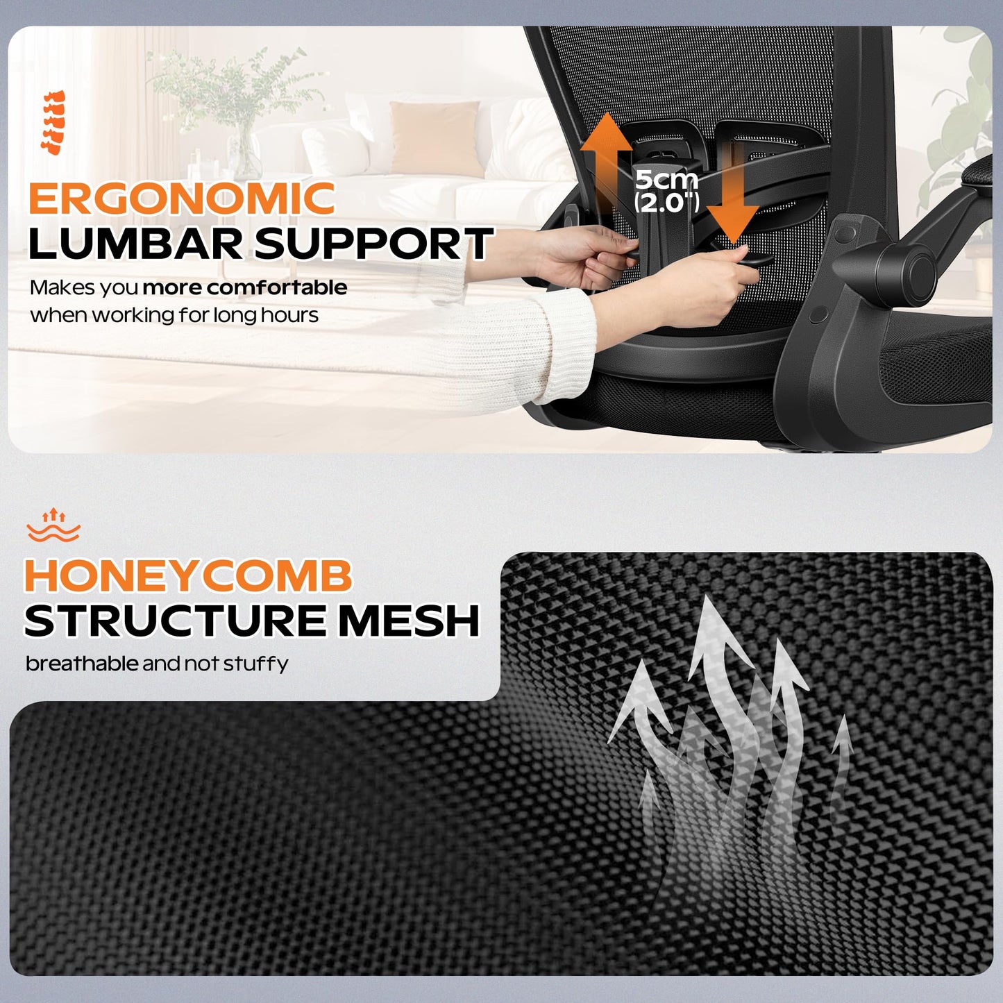 Ergonomic Office Chair 2026 - Mesh Desk Chair with Flip-up Armrests, Adjustable Height and Lumbar, 360° Swivel Comfortable Computer Chairs for Home, Conference Room, Reception, Max 350lbs, Black