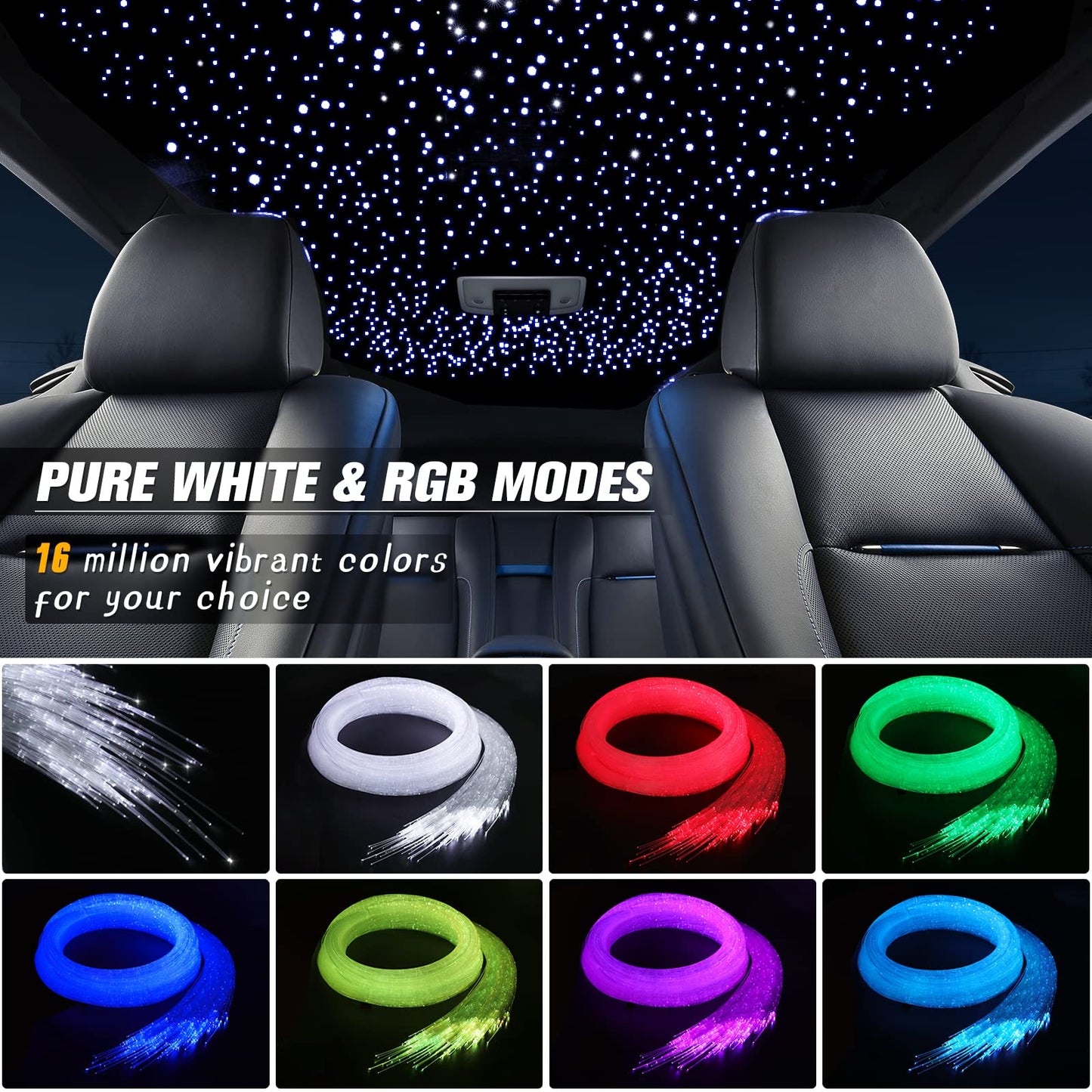 SUNKENET 32W Twinkle Starlight Headliner Kit, 800pcs of (0.03+0.04+0.06in)*13.1ft LED Fiber Optic Lights Kit, Star Ceiling Light+10 Crystals+Adapter+Cigarette Lighter for Car Roof/Home with Music Mode