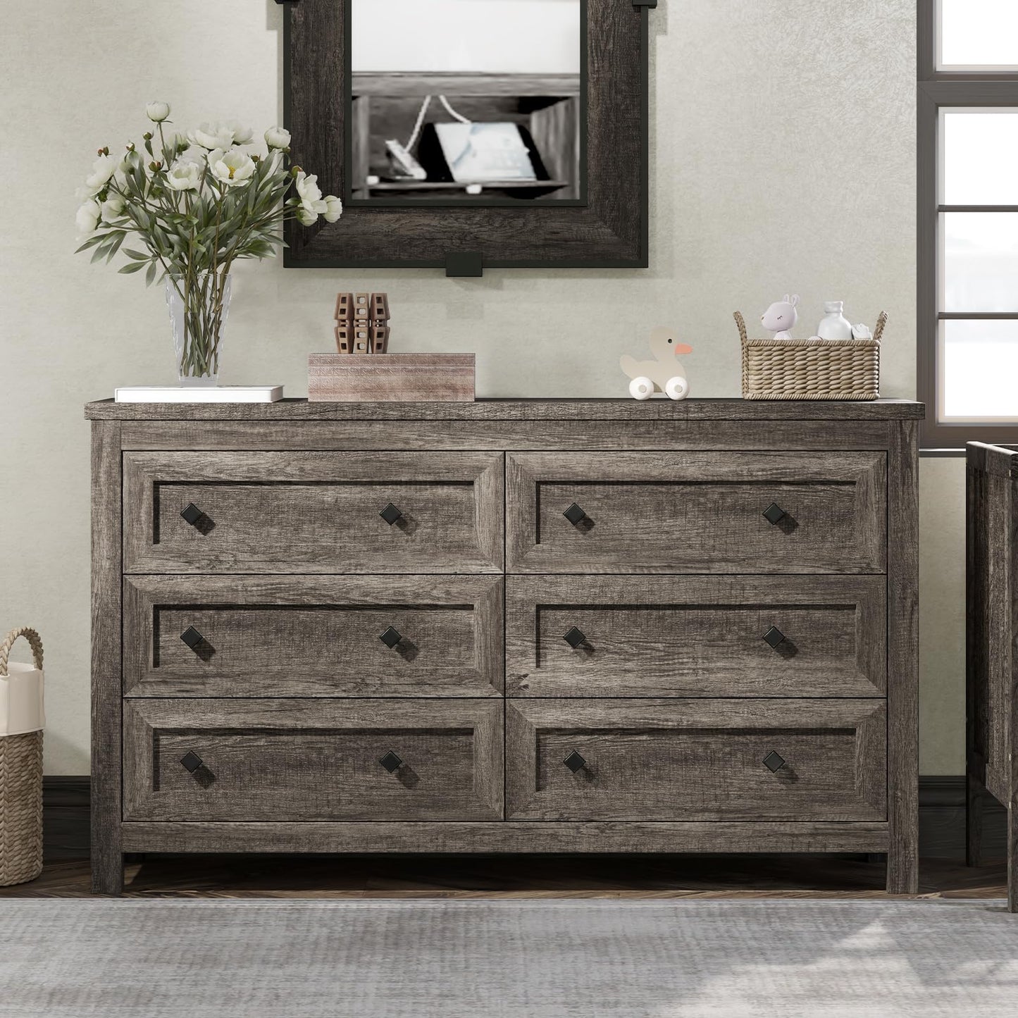 AMERLIFE 54" Wood Dresser with 6 Drawers, Farmhouse Chest of Drawers & Storage Dresser for Bedroom Furniture, Wide Drawer Organizer for Closet, Rustic Grey, Hallway