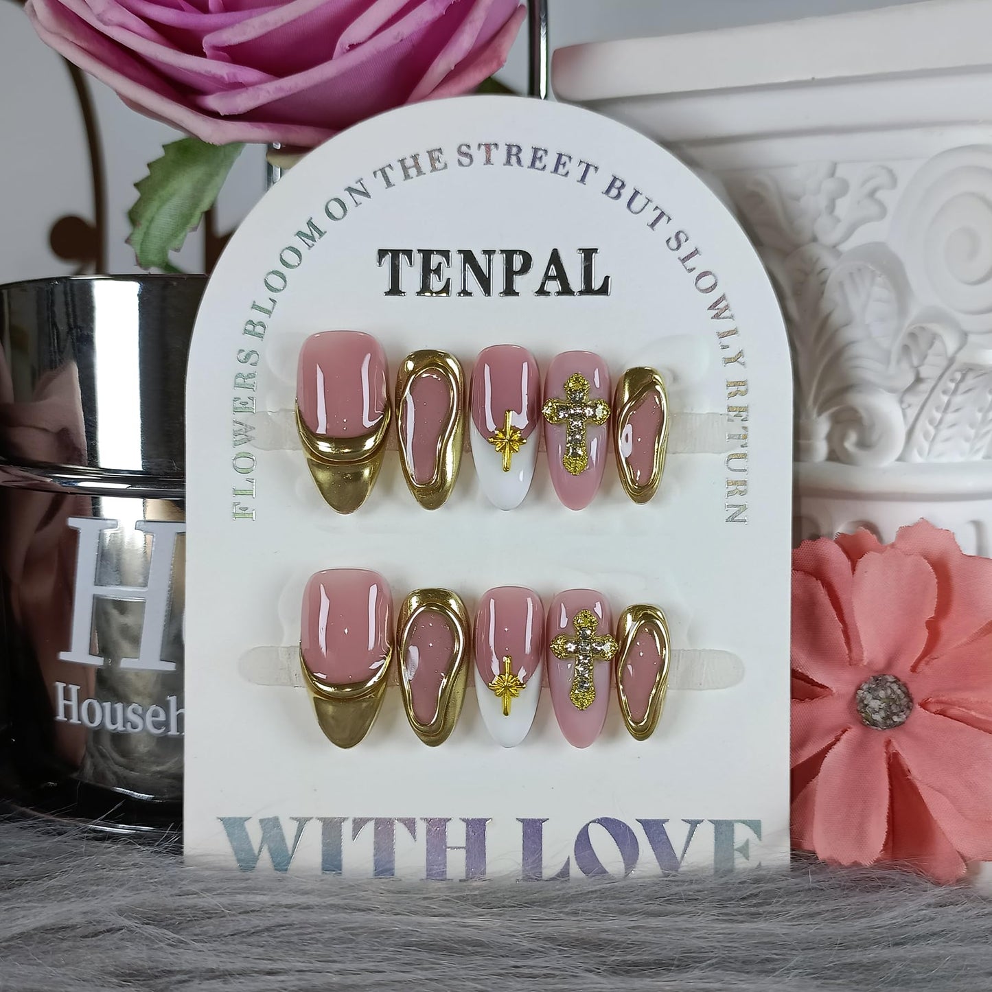 TENPAL 10Pcs Handmade Press On Nails Almond With Tools,Acrylic Icy Platinum French Tips Fake Nails with 3D Metal Cross,Glossy Y2K Blush Glitter Edgy Sweet Glue on Nails for Women,Gold French Nails(M)