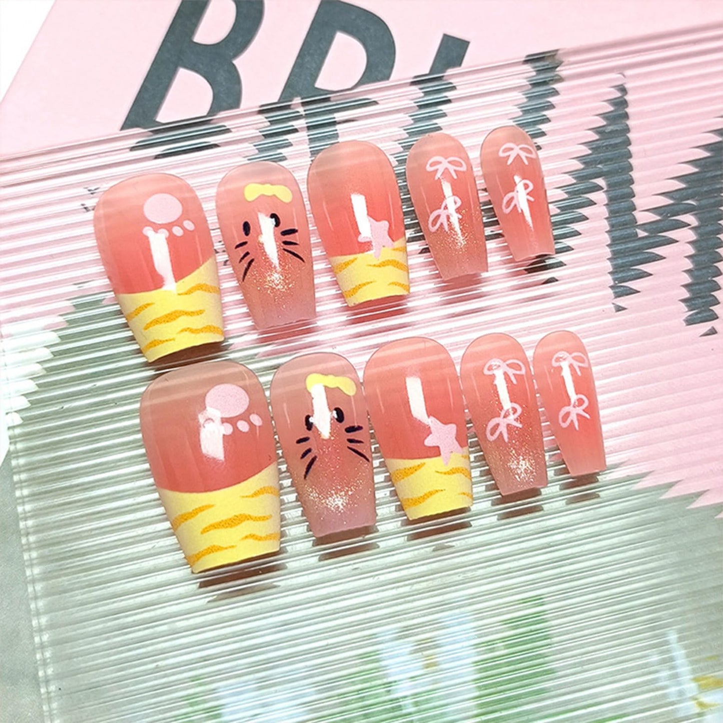 24Pcs Cat Face Press on Nails French Tips Acrylic Full Cover Fake Nails Cat Eye Gel Glue on Fingernails Glossy Yellow Bow Medium Coffin False Nail Stars Stick on Nail for Holiday Manicure Art