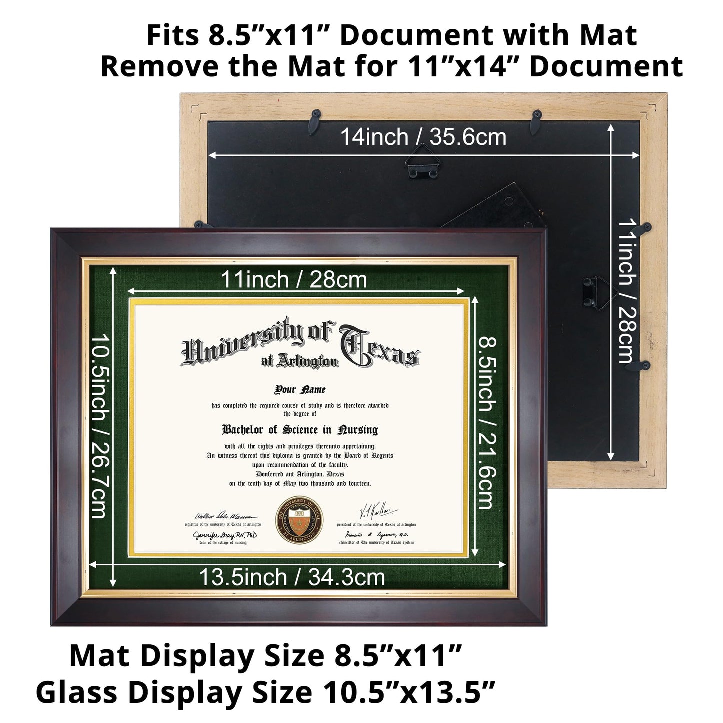 GMFrames 8.5x11 Wood Diploma Frame with Green Mat or Display 11x14 Certificates without Mat,Tempered Glass,Deep Brown Finish with Gold Trim