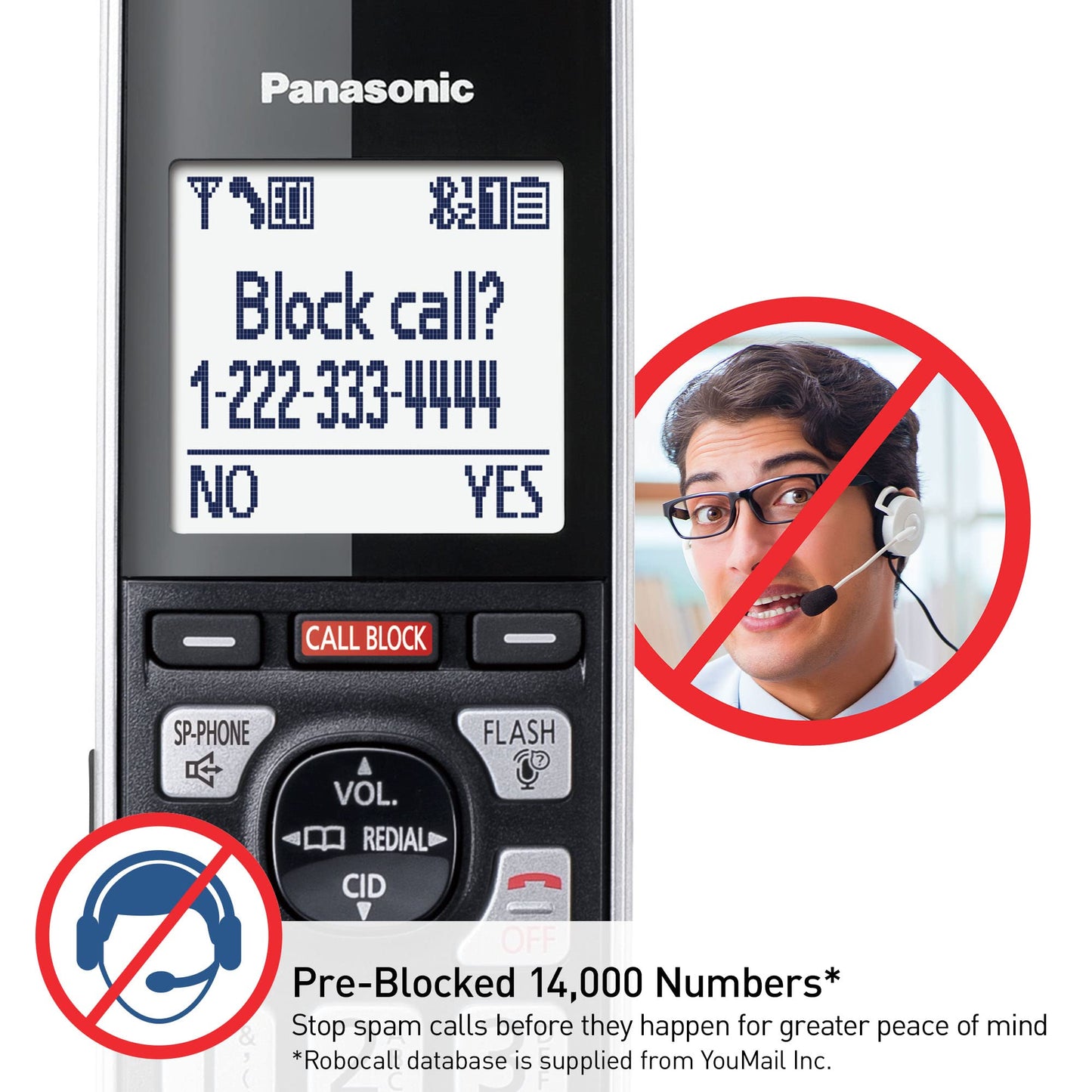 Panasonic Cordless Phone with Advanced Call Block, Link2Cell Bluetooth, One-Ring Scam Alert, and 2-Way Recording, Phone with Answering Machine, 3 Handsets - KX-TGF973B (Black/Silver Trim)