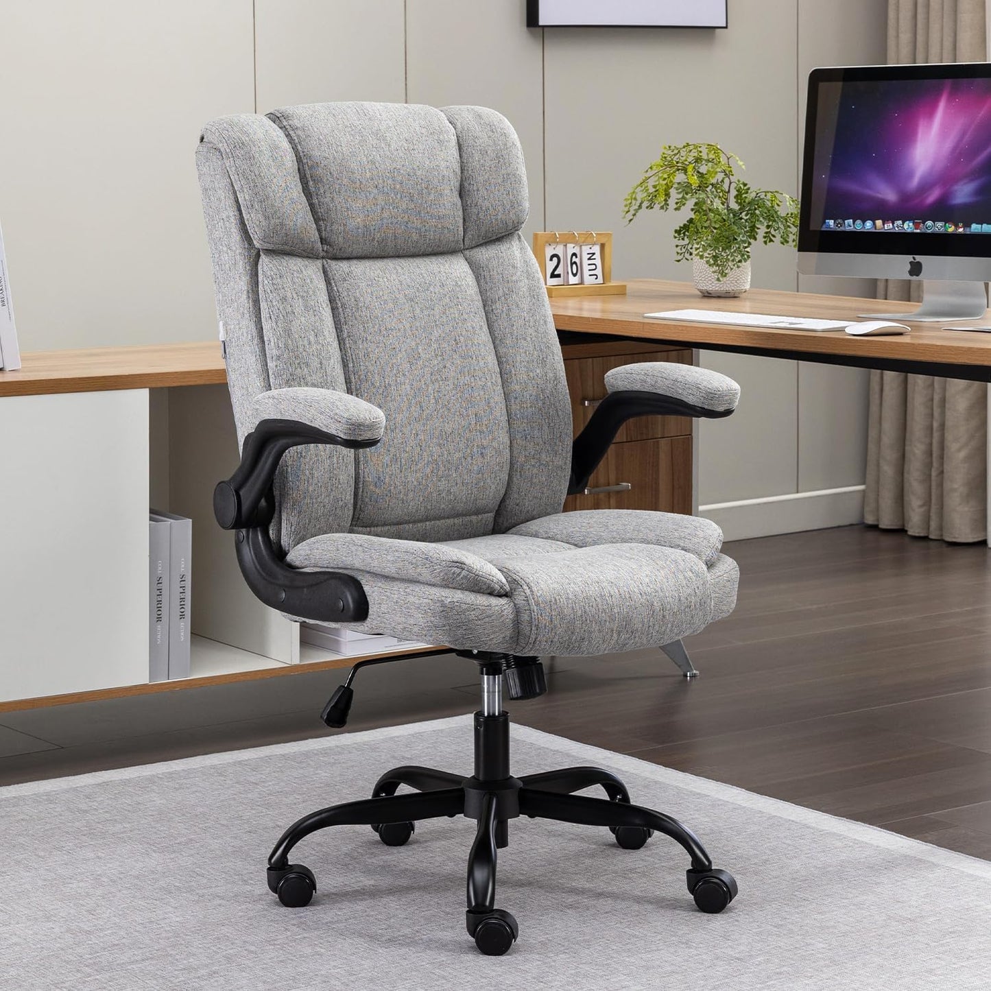 BRTHORY Office Chair High Back Ergonomic Executive Computer Desk Chair Comfortable Fabric Padded Home Office Desk Chairs with Flip-up Arm Rest Adjustable Height Swivel Wheels (Grey)