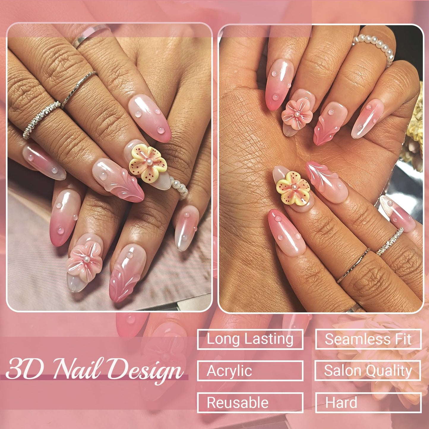 Handmade Acrylic Press On Nails Almond, Short Almond Press On Nails Pink, Ombre 3D Flower Nails For Women Gift, Reusable Stick On Fake Nails Kit With Nail Glue(3D Floral Blush-M)