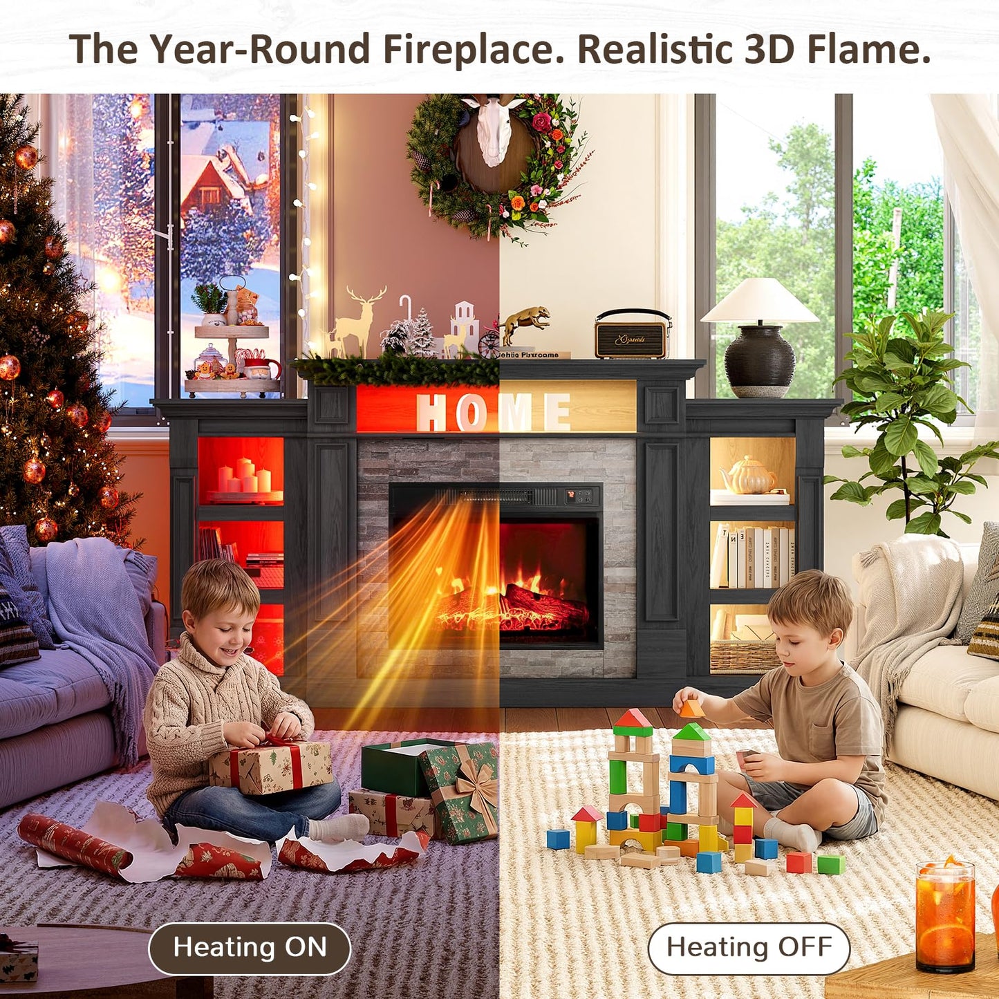 Naice 72" Electric Fireplace with Mantel and Cabinets, Fireplace TV Stand for Living Room Bedroom, LED Light & Power Outlet, 23in Realistic Flame Fireplace and Stacked Stone Surround, Black