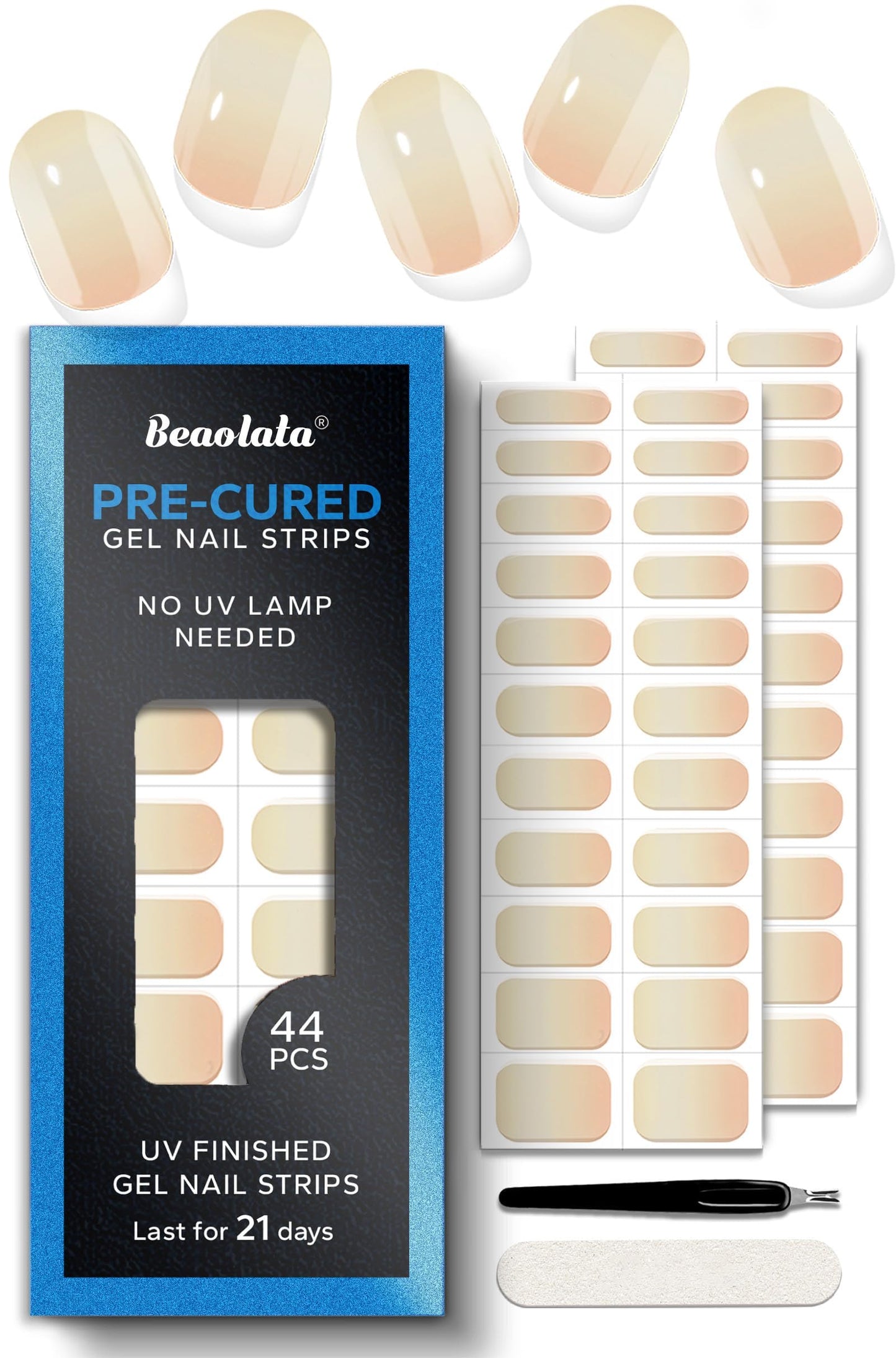 Beaolata Real Gel Nail Strips (No UV Light Needed) - 44Pcs Salon Quality Nail Stickers - Long Lasting Polish Wraps for Women, Easy Apply & Remove (Velvet Sunset Nude)