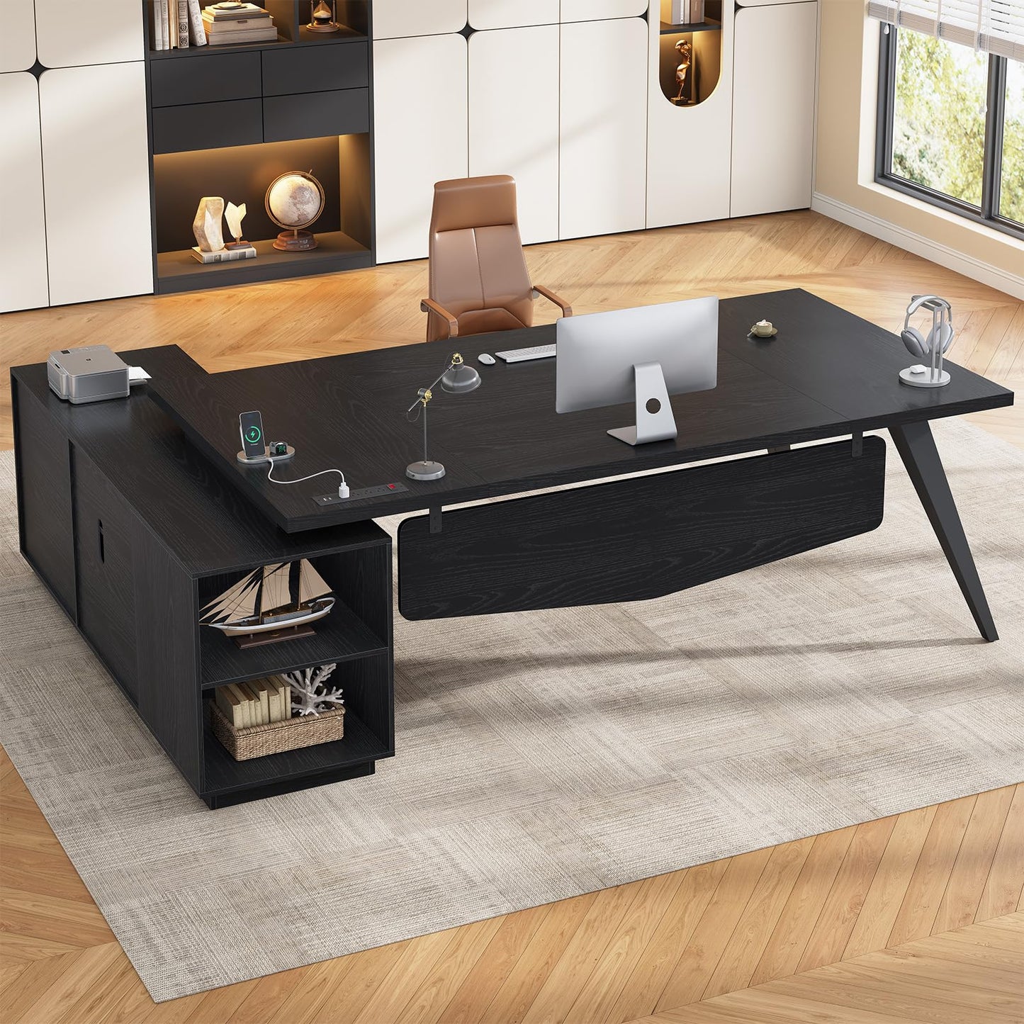 70.3 inch L Shaped Executive Desk with Power Outlets, Large Home Office Desk with Storage Drawers and File Cabinet, Modern Computer Desk with Shelves, Black Business Furniture, Square Tapered Legs