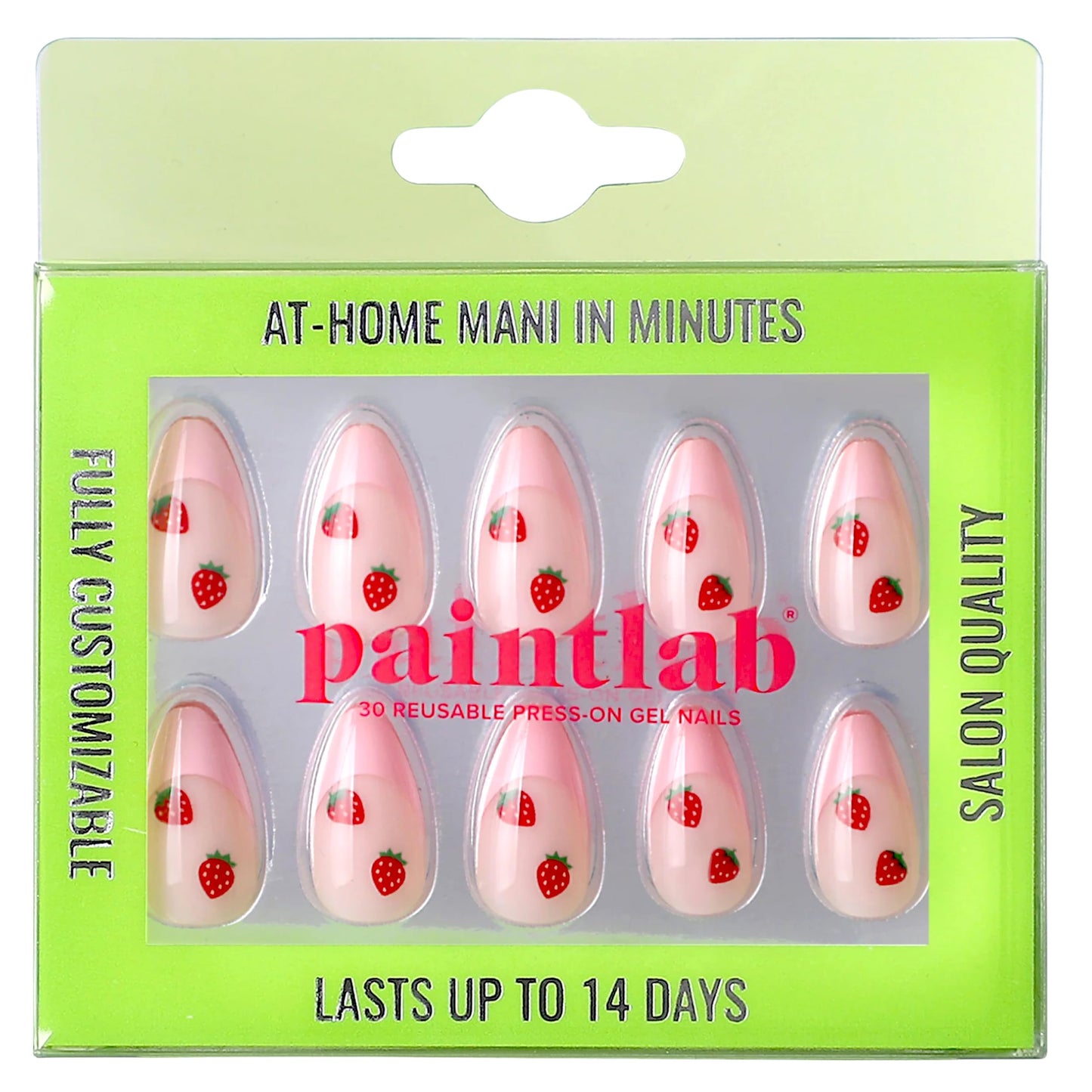 PaintLab Press On Nails - Pink Strawberry Short Almond Fake Nails, 30 Nails in 15 Sizes with Glue, Reusable Salon Quality Press On Nails