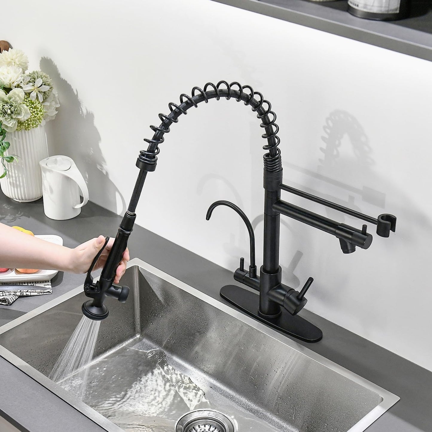 Fapully Commercial Kitchen Faucet with Pull Down Sprayer and Water Filter, Matte Black 3 in 1 Kitchen Faucets with Drinking Water Faucet