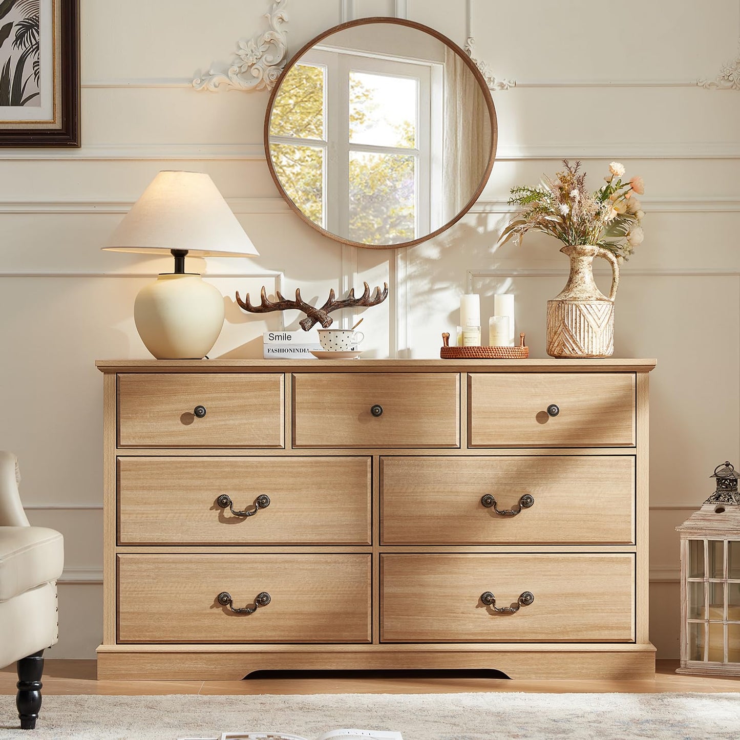 Senfarime Farmhouse 7 Drawer Dresser for Bedroom,57" Wide Wood Rustic Chest of Drawers,Farmhouse Chest of Drawers for Bedroom,Wood Drawer Organizer for Bedroom,Hallway,Natural