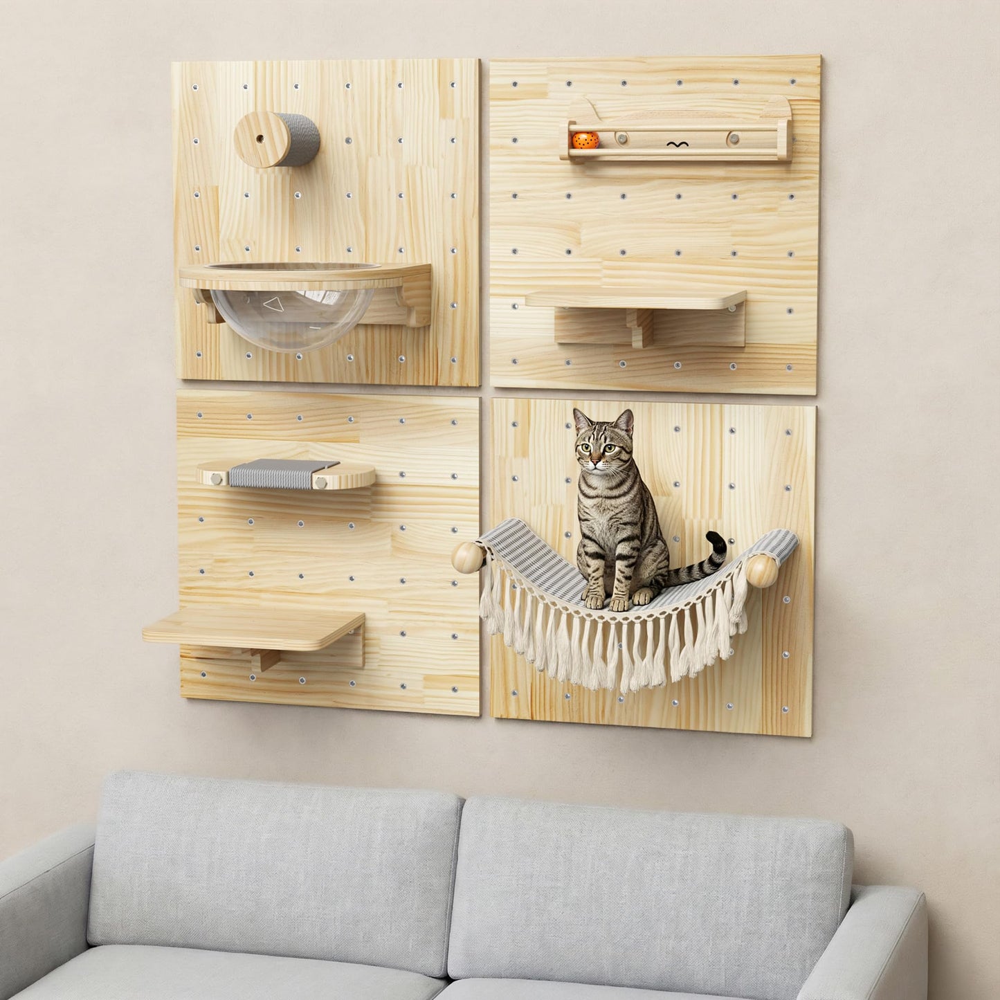 Ardilla & Co. Cat Wall Furniture – Wall-Mounted Modular Wooden Boards with 7 Moveable Accessories, Cat Wall Shelves, Hammock, Climber Steps, Perches, Walkways, Toy & Acrylic Bowl!