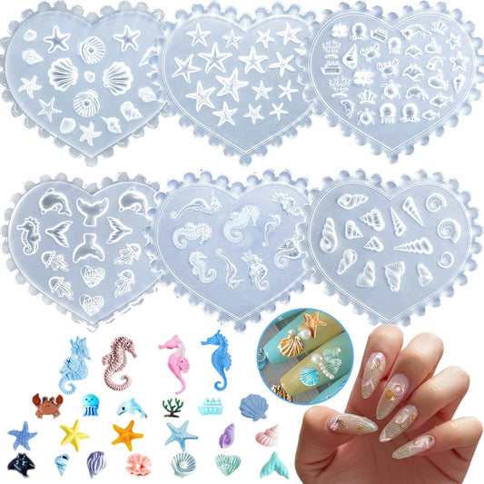 3D Silicone Nail Molds, 6Pcs Ocean Nail Art Molds Art Nail Silicone Mold with 103 Sea Charm Starfish Resin Seahorse Template Mould for Women Holiday Beach Nail Charms Accessories