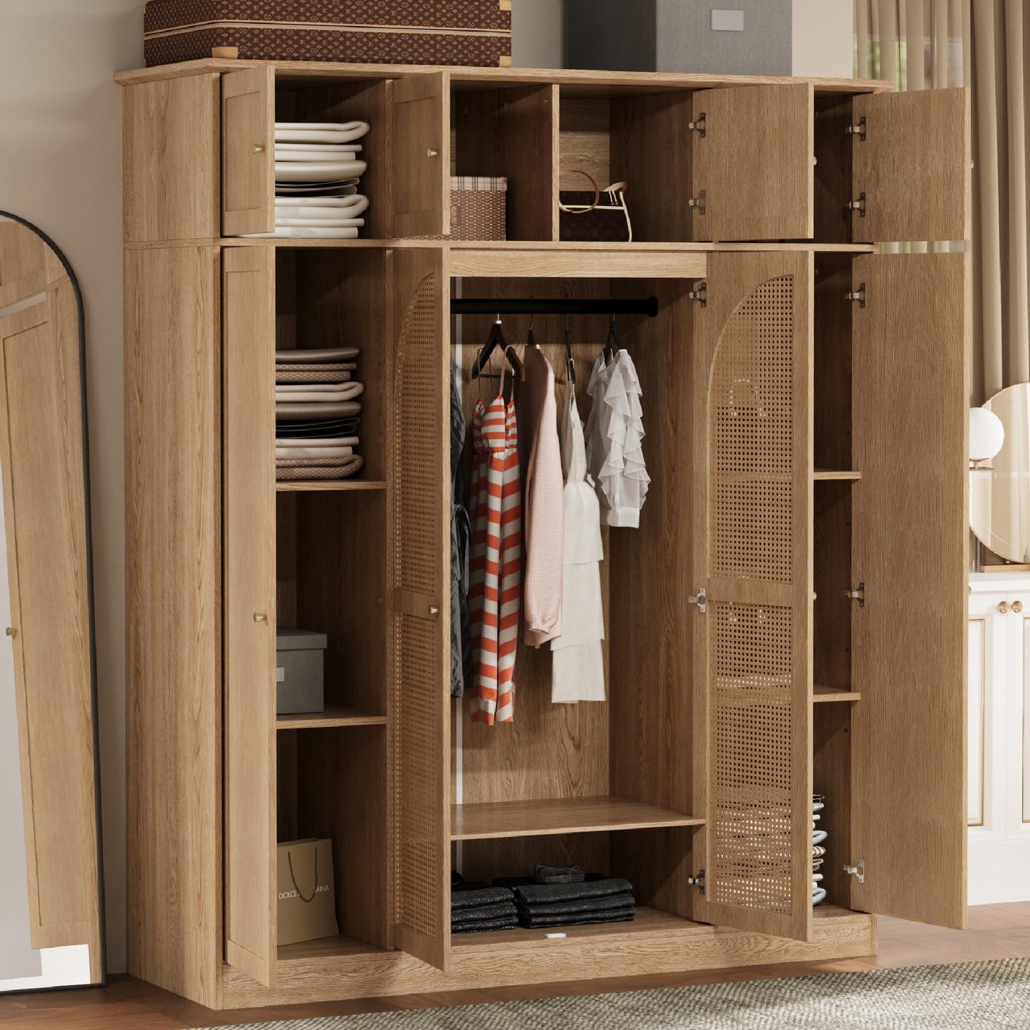 KEIKI Large 8 Doors Wood Wardrobe, Bedroom Tall Armoire Closet Organizer w/Rattan Decorative, Hanging Rails & Adjustable Shelves Clothes Storage Cabinet for Garage & Laundry Room, Brown
