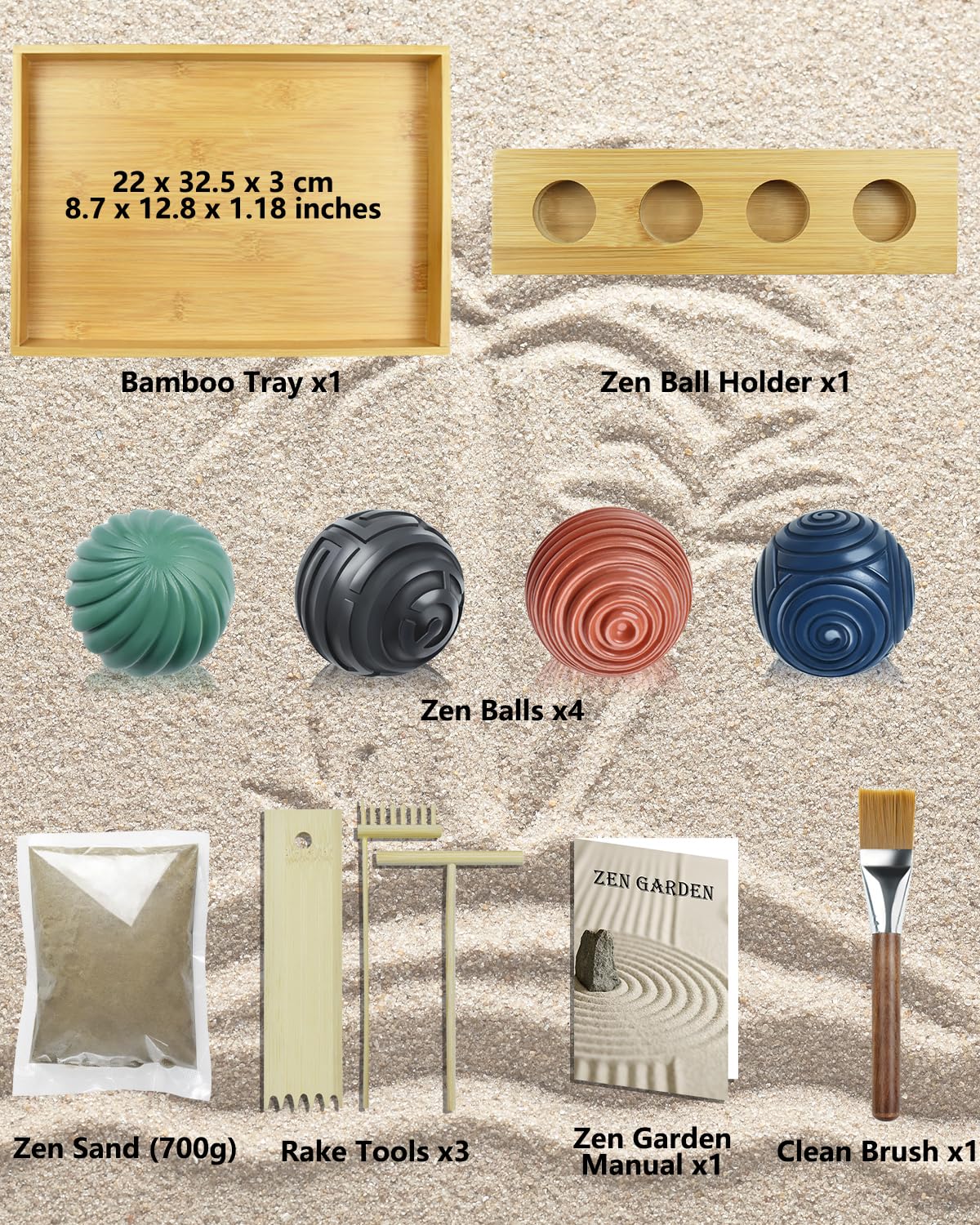 Artcome Jpanese Zen Garden Kit for Desk - Premium Mini Sand Garden with Bamboo Tray - Meditation Sand Tray with 4 Zen Balls and Rake Tools for Relaxation - Mindfulness Therapy Decor - Ideal for Gift