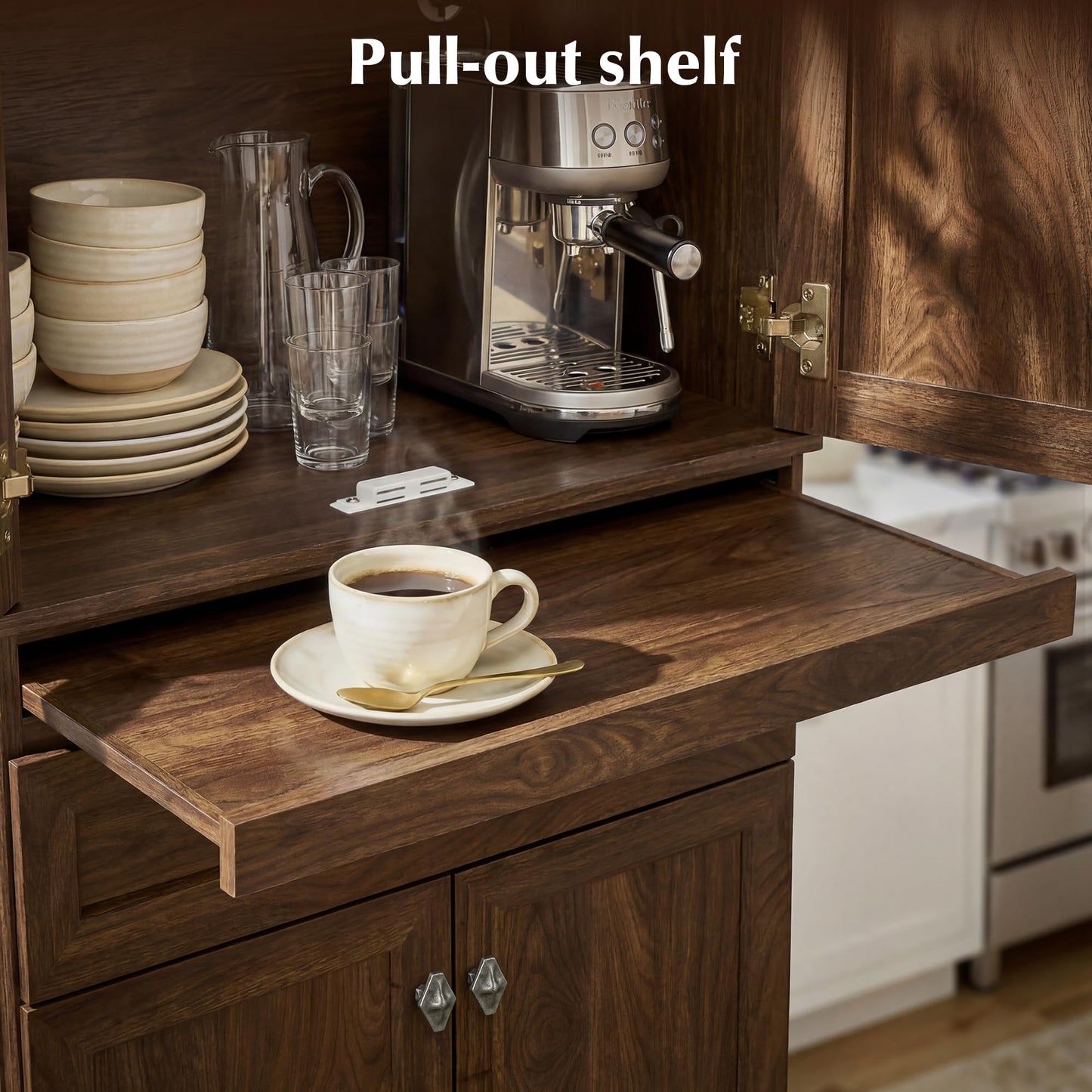 AMBERHAUS 72.2" Tall Kitchen Pantry Storage Cabinet with Doors, Farmhouse Storage Cabinet with Drawers, Adjustable Shelves and Pull-Out Shelves, Walnut Wood Pantry Cupboard for Kitchen, Dining Room