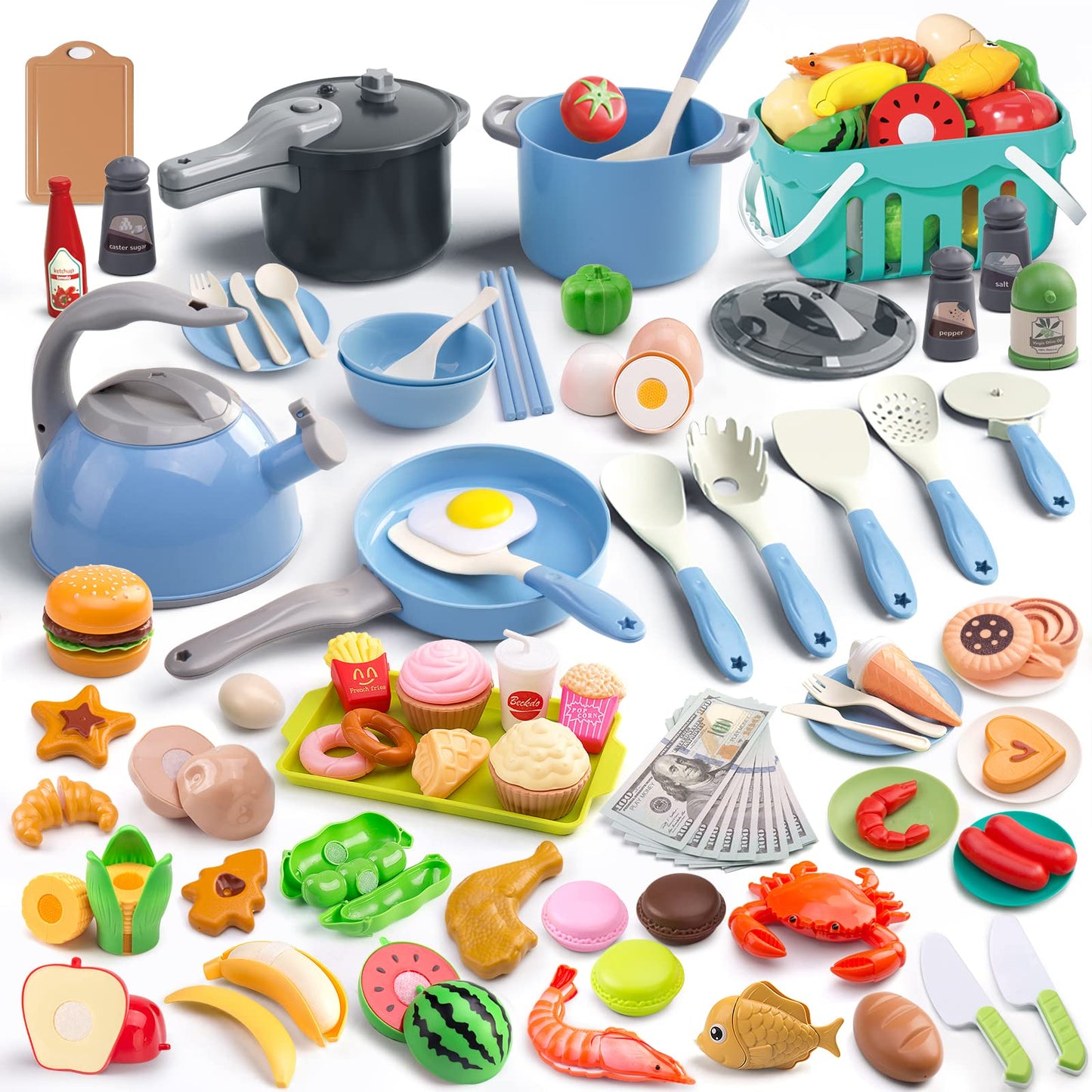 130Pcs Kitchen Playset, Toddler Pretend Cooking Play Pots, Pans, Utensils Cookware, Daily Food Fruit Veges, Shopping Storage Basket, Dessert, Prop Money, Learning Gift for Child (Pink)