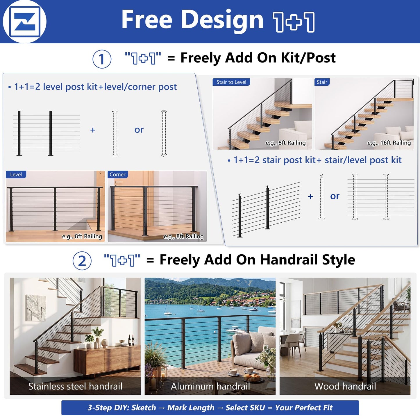 Zylorix 36" 8-16FT Swageless Modular Black Cable Railing System Post Kit with 2 Stair Posts Fit 28-38 Degree Stairway, T304 Stainless Steel, Patent Reusable Cable Railing Kit, Upgraded Powder Coated