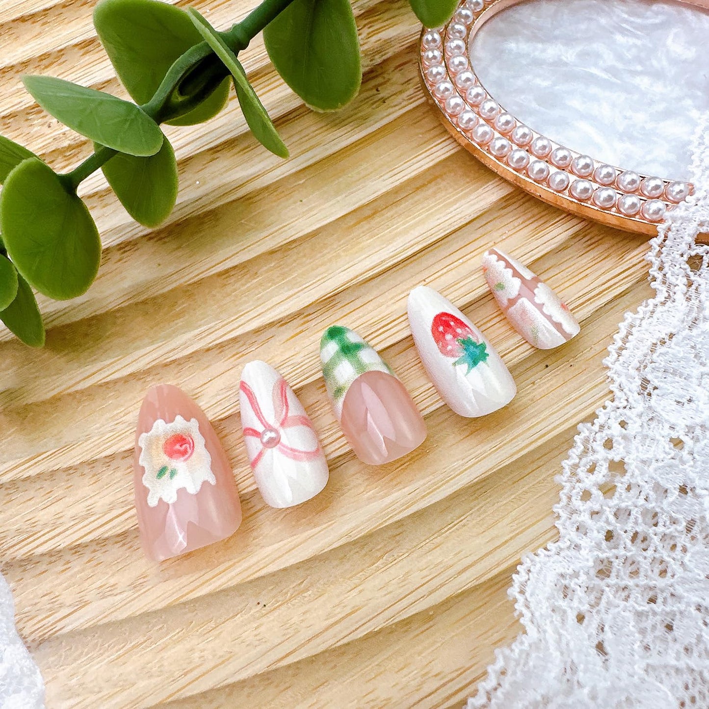 30Pcs Spring Press on Nails Medium Almond Green Plaid French Tip Fake Nails with Pearl Designs Cute Strawberry Bow Acrylic Nails Spring Flower False Nail Tulip Full Cover Glue on Nails for Women