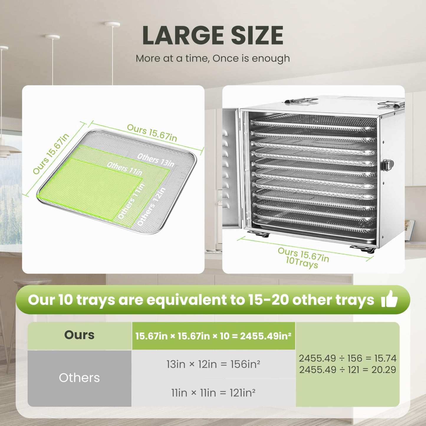 Commercial 10 Trays Food Dehydrator Machine for Jerky and Herbs Usable Area up to 24.65ft² and 194℉ Temperature 1000W Detachable Stainless Steel Dryer for Meat Fruit Mushrooms Beef Food Silvery