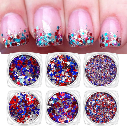 Independence Day Star Nail Glitter July 4th Nail Art Sequins Holographic Patriotic Red Blue Silver Mix Hollow Star for Women Girls Face Body Nail Art Decoration 6 Boxes