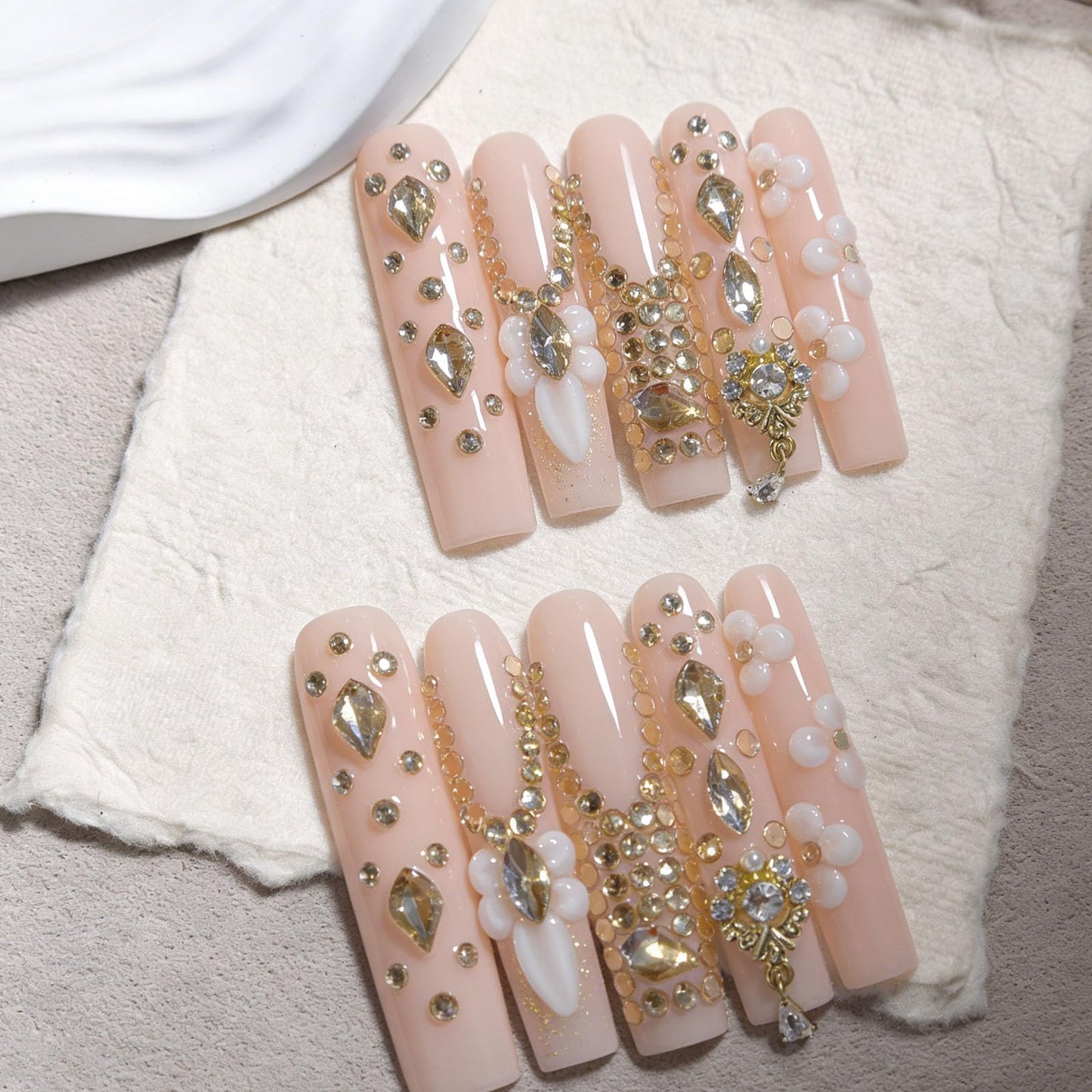 10 Pcs Extra Long Handmade Press on Nails Square Fake Nails with 3D Flowers Rhinestones Charms Curve Design False Nails Pink Acrylic Long Press Ons Nails Wedding Party for Women Nail Art - M Size