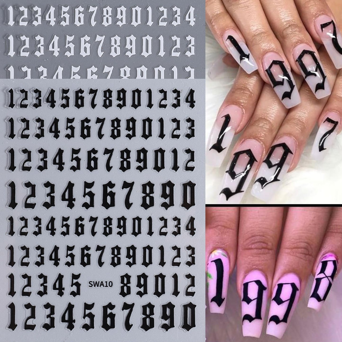 Letters Nail Art Stickers Decals 12 Sheets Alphabet Initial Nail Decals 3D Self-Adhesive White Black Gold Old English Gothic Letter Sticker for Nails Art Women DIY Manicure Decoration Accessories