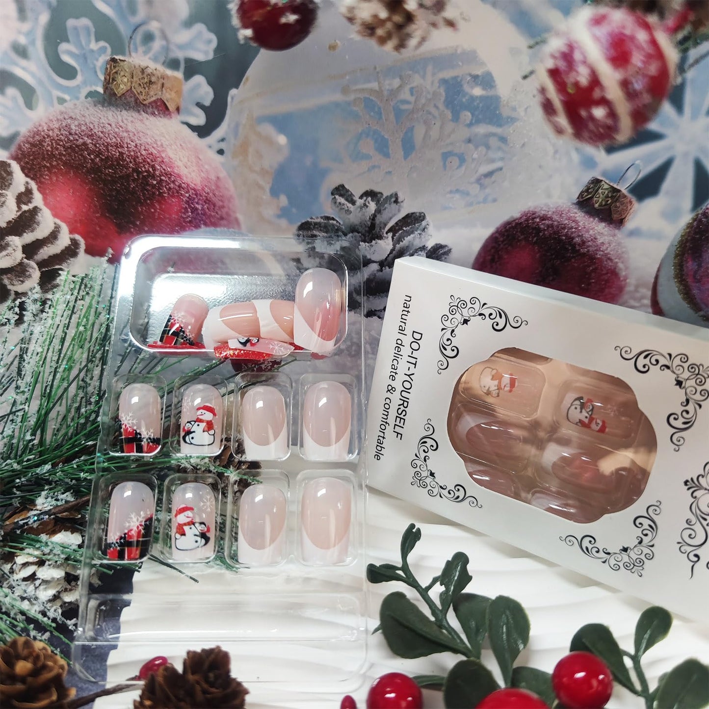Christmas Medium Square False Nails Snowflake Press on Nails Snowman Gel Glue on Nail 24Pcs Silver Glitter Stick on Fingernails Glossy White French Tips Acrylic Fake Nail for Women Xmas Gift