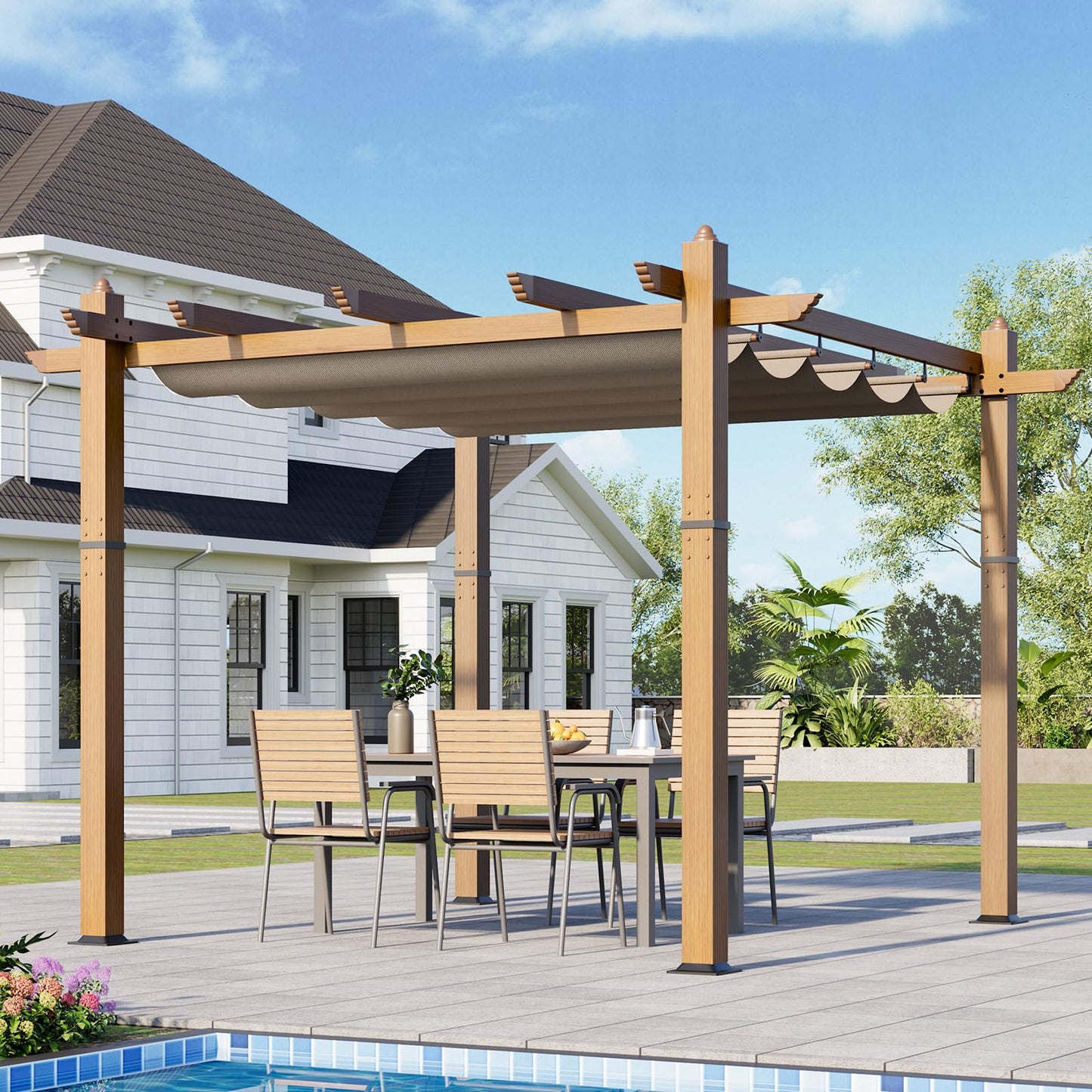 10x10 Ft Outdoor Retractable Pergola with Adjustable Roof Modern Metal Patio Gazebo, Upgraded Faux Wood Grain Aluminum Pergola for Deck, Backyard Gardens, Porches, Grapevines, Khaki