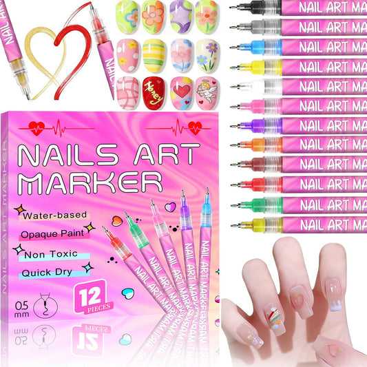 Mothers Day Gifts:12 Colors Nail Art Marker Pens Set,Nail Polish Markers Pens with 0.5mm Fine Tip,Quick-drying for Nail Art Manicure Kit Tools,Perfect Romantic Gifts for Girlfriend,Wife and Mom(Pink)