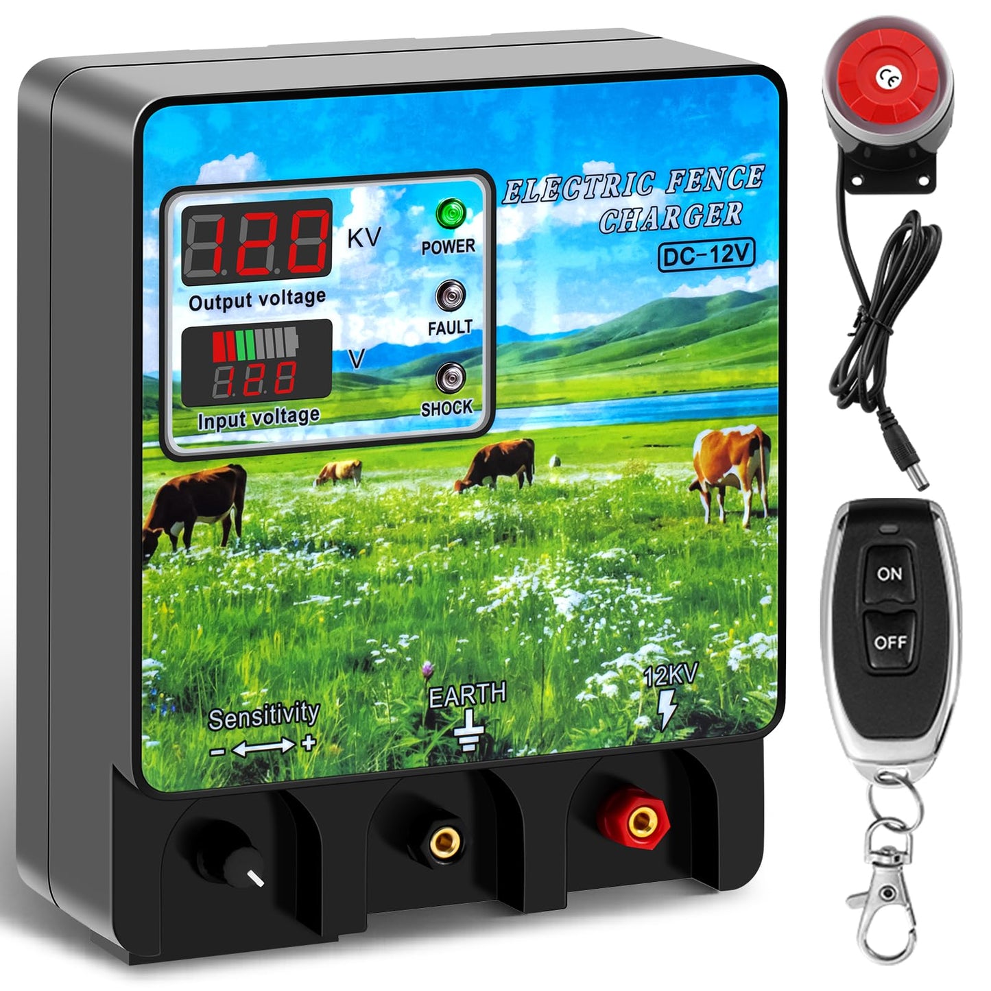 Watpumper 9 Joule Electric Fence Charger, 12KV Output, 400 Acres Coverage, DC 12V/AC 100-240V Input, Electric Fence Energizer with Alarm for Cattle, Cow, Goat, Horse, Livestock Protection, XSD-A740