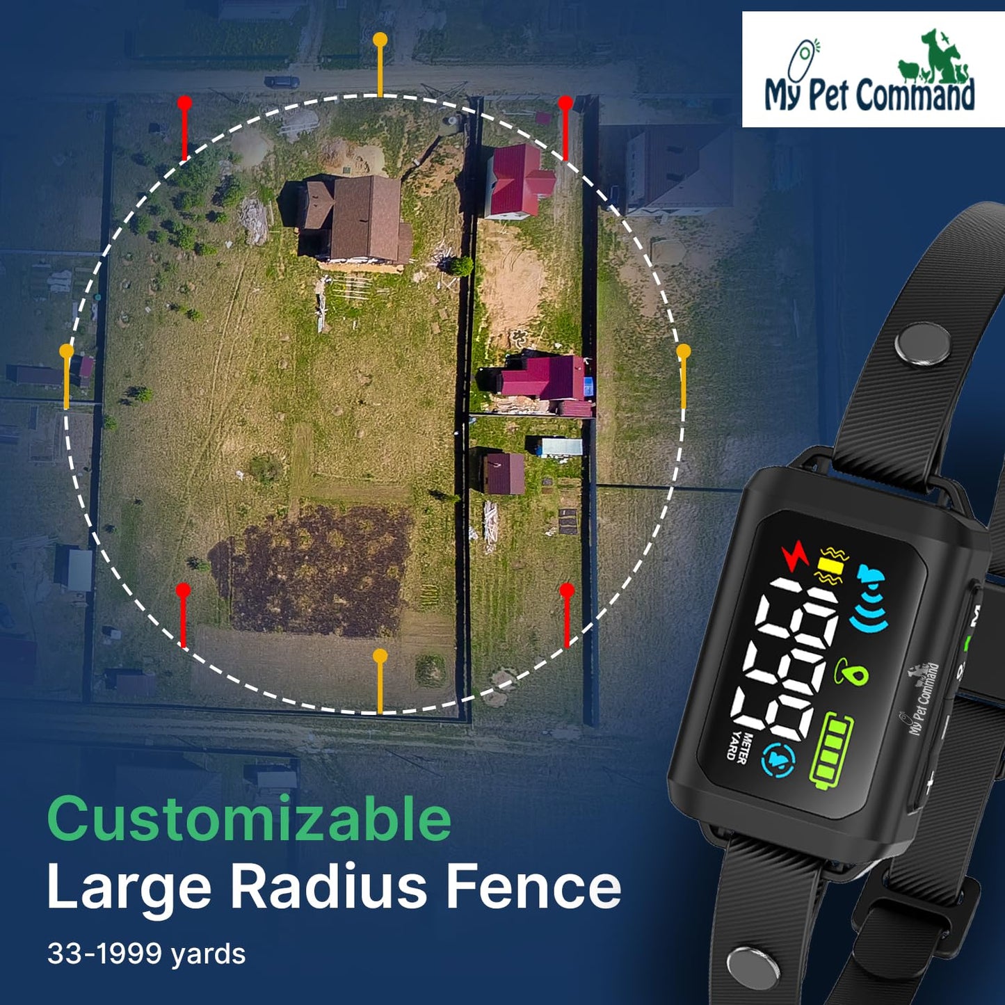 My Pet Command Wireless GPS Dog Fence No Wires & No Base Transmitter Outdoor Radius Coverage 33-1999 Yards IPX7 Waterproof Collar w/Tone, Vibrate & Safe Static Modes Fits Dogs 8″-28″ Neck (S to XL)