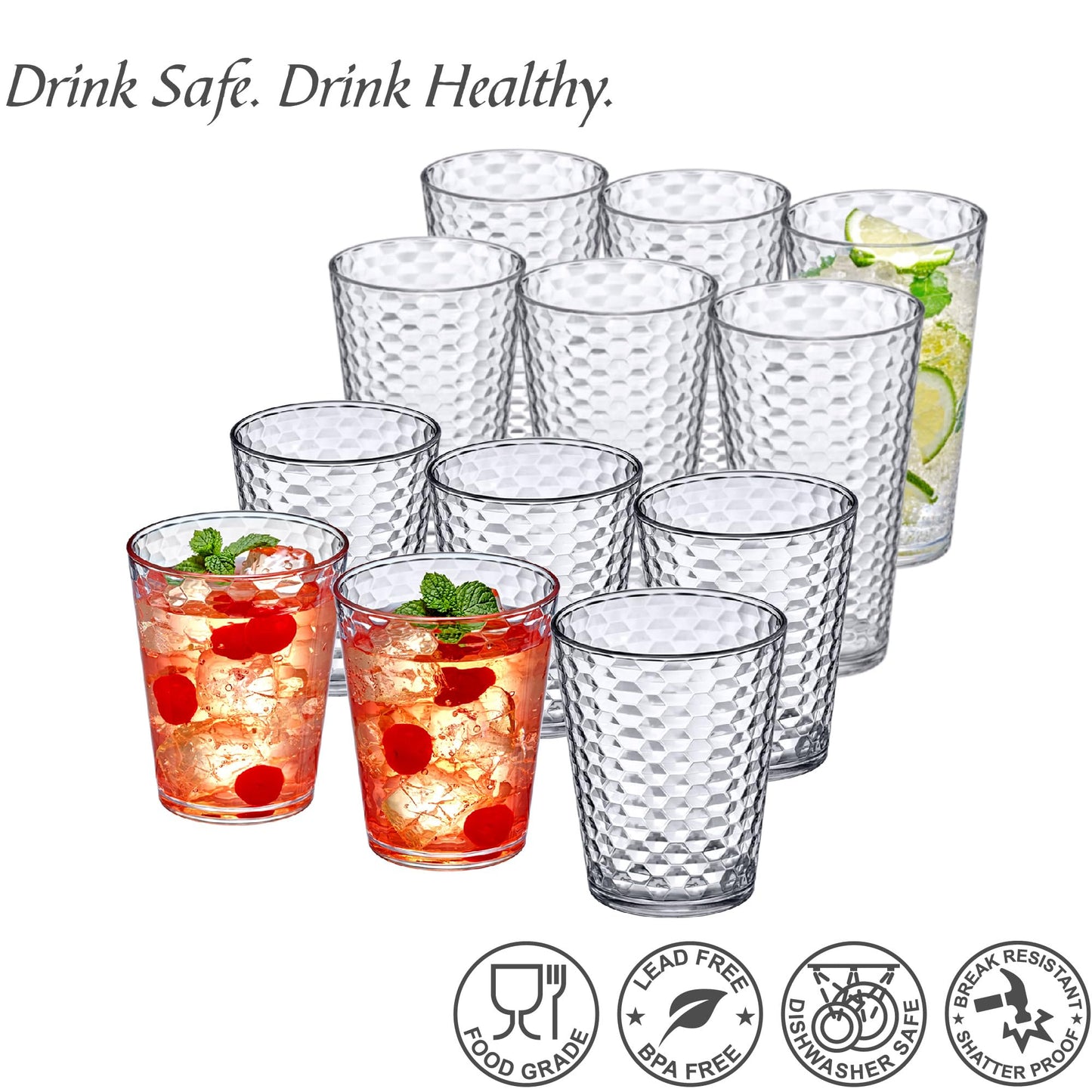 Amazing Abby - Snowflake - 16-Ounce and 24-Ounce Tumblers (Set of 12), Clear Reusable Plastic Cups, Stackable, BPA-Free, Shatter-Proof, Dishwasher-Safe