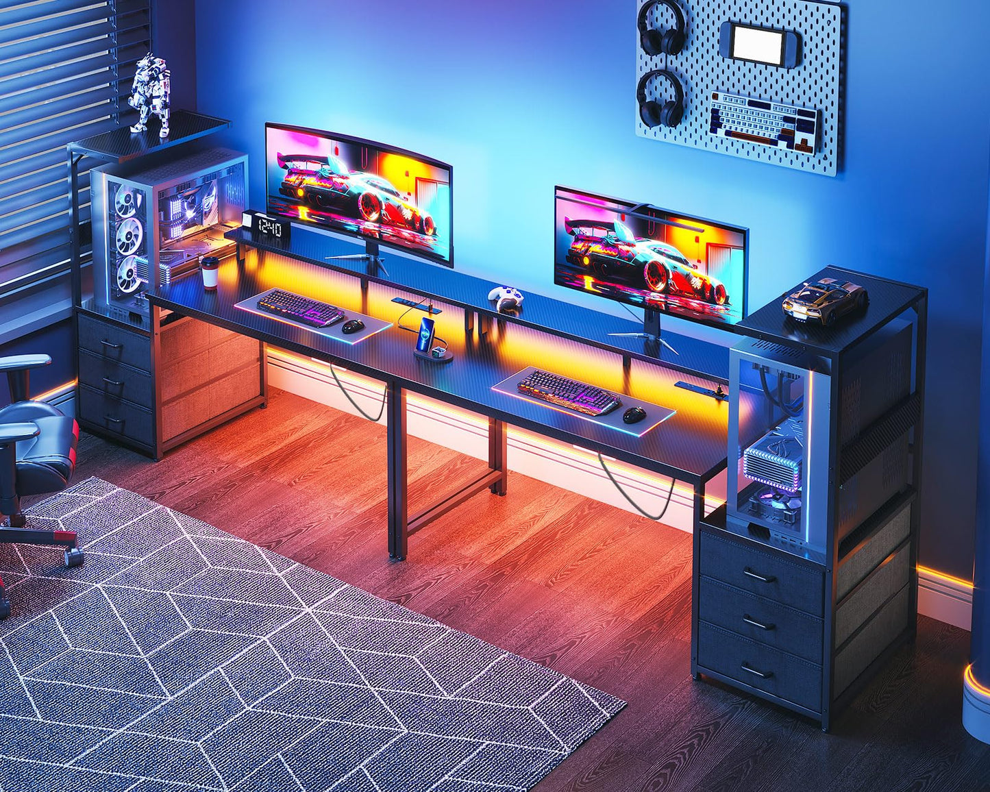 AODK 63 inch Gaming Desk with PC Display Stand, Reversible Steel Wood Computer Desk for Gaming Setup, Tiered Design to Show Off Your PC Tower & Accessories, Black