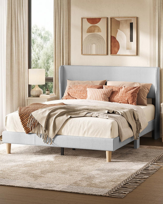 Bestier Queen Bed Frame with Wingback Headboard,Upholstered Platform Queen Size Bed with Strong Wooden Slats,No Box Spring Needed,Never Squeaks,Easy Assembly,Light Grey