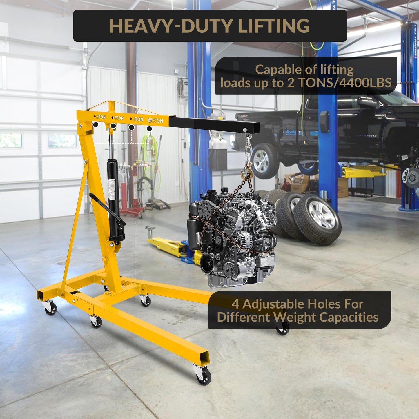 2 Ton Hydraulic Engine Hoist Cherry Picker, 4400LBS Heavy Duty Engine Lift Hoist, Foldable Hydraulic Shop Crane w/Telescopic Boom & 6 Swivel Casters for Auto Repair, Garage, Workshop, Yellow