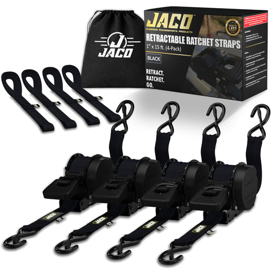 JACO Retractable Ratchet Straps - 1 in x 15 ft (4-Pack) (1,760lbs Break Strength) | Auto Self Retracting Cargo Tie Down Strap Set (Black)