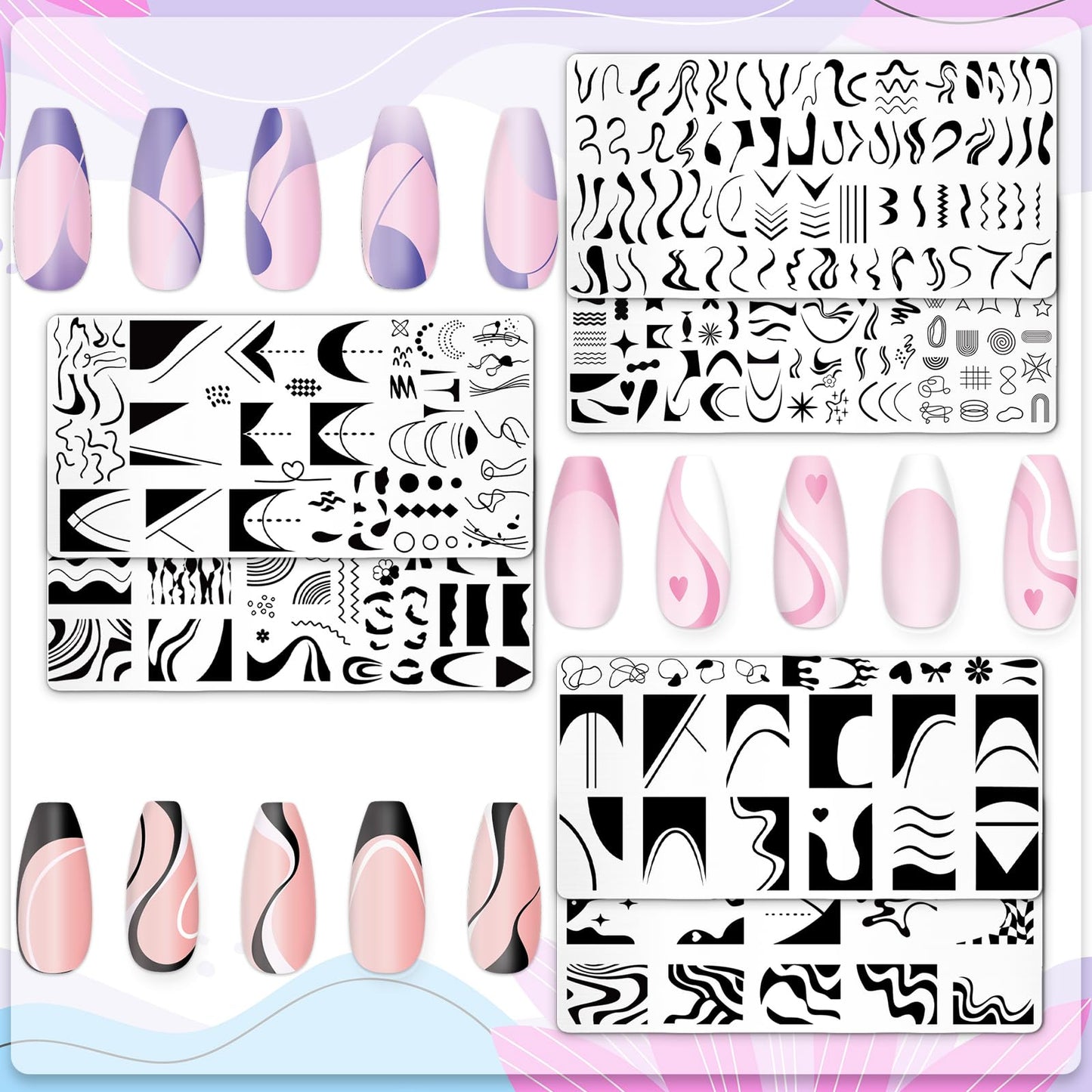 Whaline 6 Pcs French Line Nail Plates Stamping Set Minimalism Wave Stripe Stamp Templates Nail Art Plates for DIY Print Manicure Salon Design