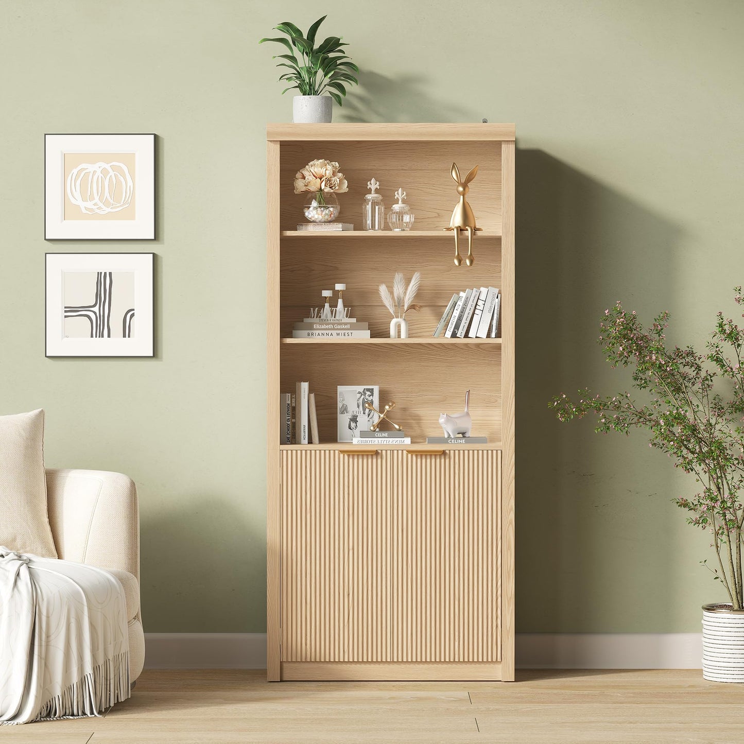 Modern Tall Book Shelf and Bookcase, 31.5"Wide Bookshelf with Doors, Farmhouse Book Case with Adjustable Top Shelf, Wood Storage Cabinet with 5 Tier Display Shelves for Home Office, Living Room,Oak