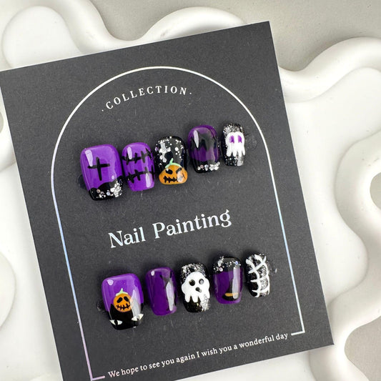 Halloween Press on Nails Handmade Short Square Fake Nails with Pumpkin Ghost Designs Balck Purple French tips Glue on Nails Press ons Reusable Halloween Nails for Women Manicure Size L