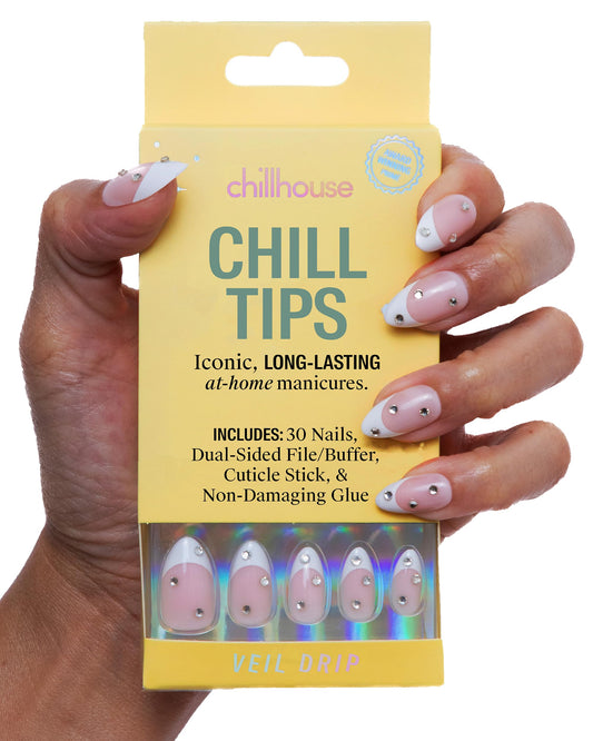 Chillhouse - Chill Tips, French Tip Press On Nails Kit - Veil Drip (Almond) - 30 Nail Shapes & Sizes - 2 Weeks of Wear - Customizable Fit - French Manicure Kit - Women Owned - Beauty & Self Care