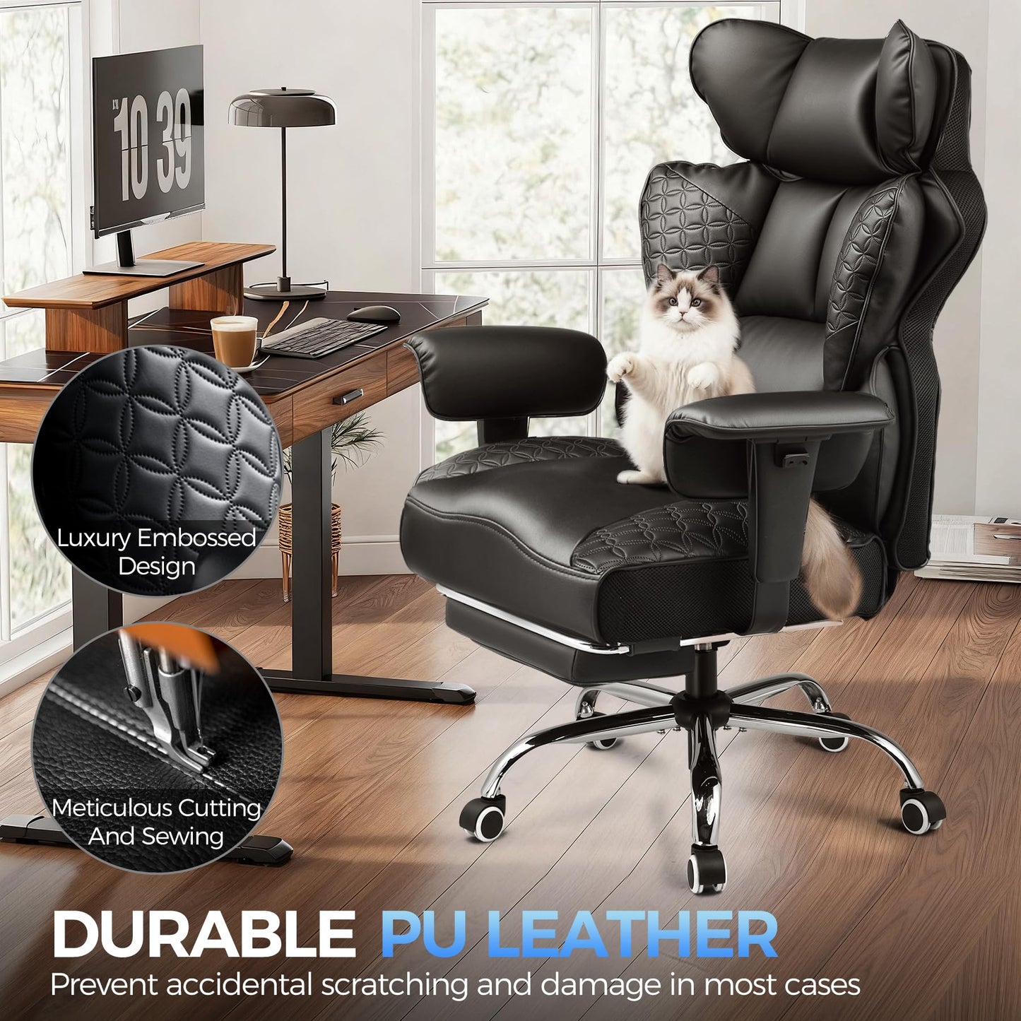 COMHOMA Big and Tall Office Chair Heavy Duty Gaming Chair with Deluxe Embossing Leather High Back Wider Ergonomic Computer Chair with Foot Rest 150°Reclining Pocket Spring Lumbar Support
