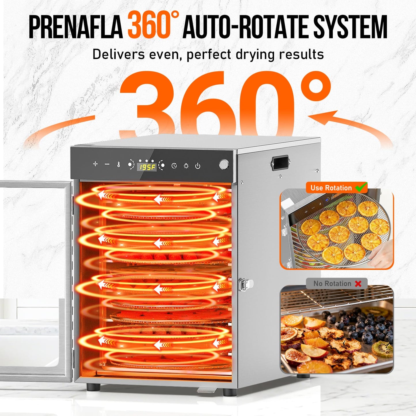 Prenafla Food Dehydrator 12 Trays - 360° Rotary Meat Dehydrator for Jerky with 194°F Temp & 24H Time Control, 800W Even Heating Food Dryer Machine for Herbs, Fruit, Meat, Yogurt, Silver