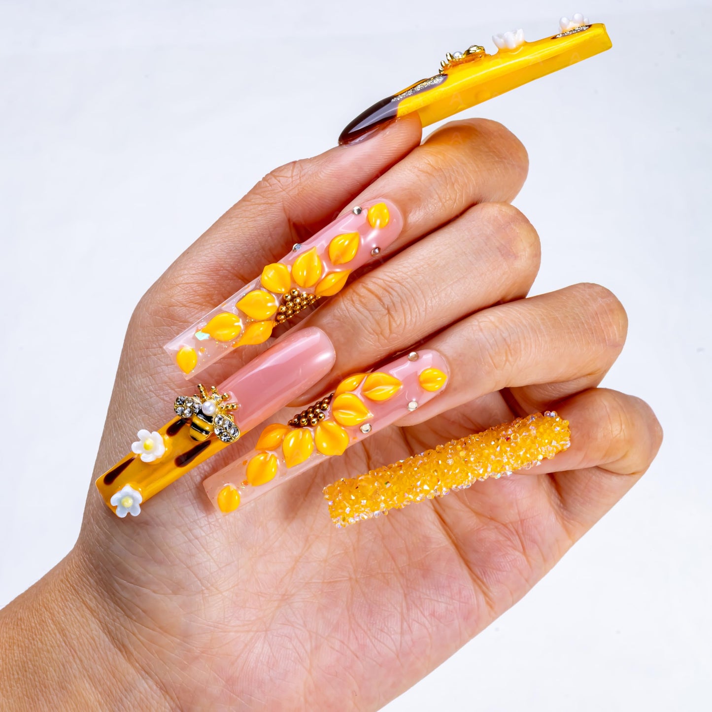 IntoVibes 10 Pieces Handmade Luxury Long Press On Nails With Square Design, Sunflower And Bee Accessories, Yellow Thickened False Nails, Reusable Fake Nails, Acrylic Nails (M)