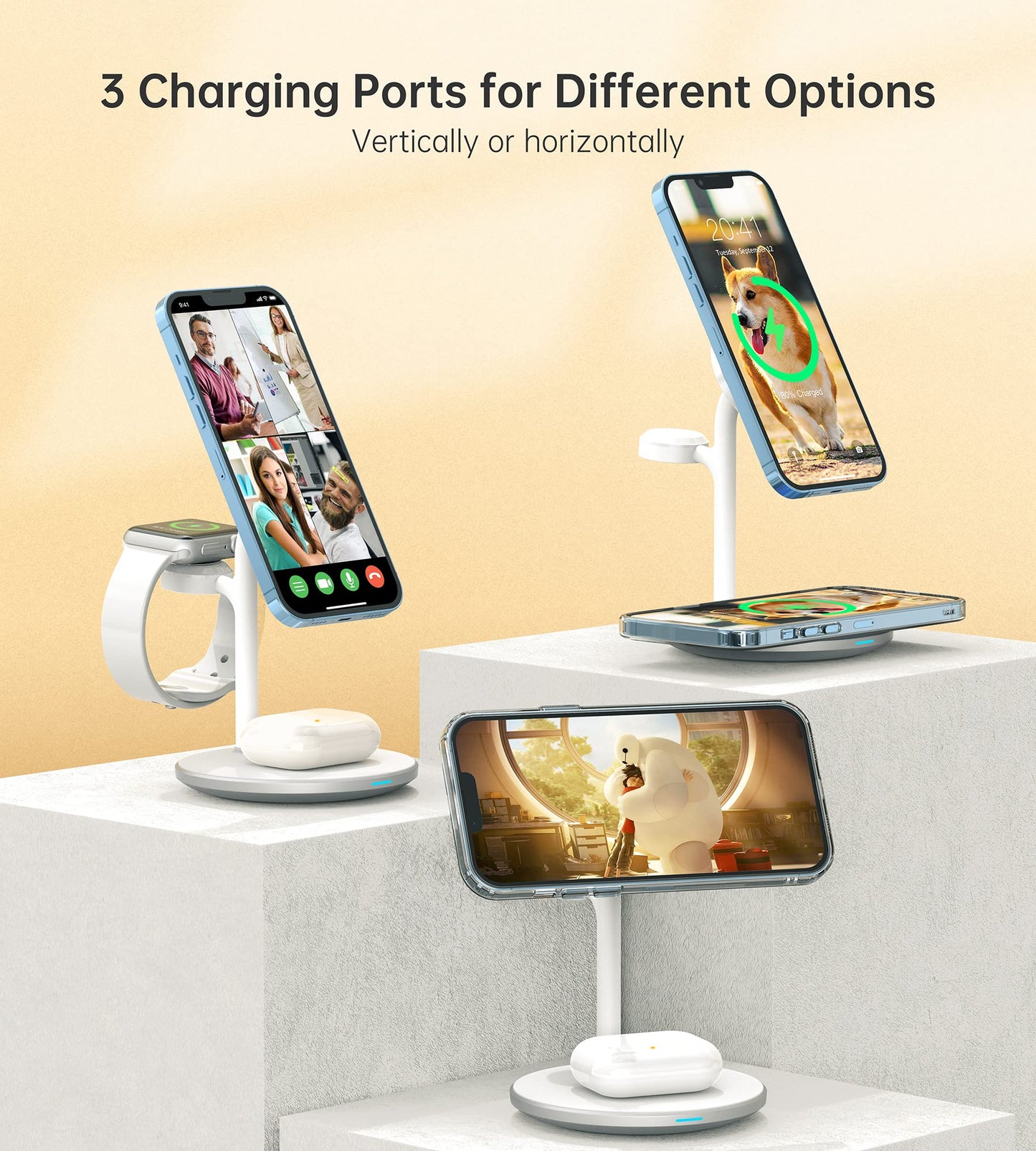 XooFly 3 in 1 Wireless Charging Station for Apple Devices, Fast Wireless Mag-Safe Charger Stand with 20W Adapter for iPhone 17 16 15 14 13 12 Pro Max/Air/Plus/Pro,iWatch,AirPods-Gift for Wife&Husband