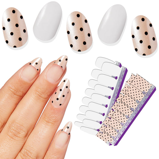 Color Street - Spotted on Set - Champagne French Tip Nails with Black Polka Dots, Real Nail Polish Strips, Shimmer Style Manicure - 16 Double-Ended Strips